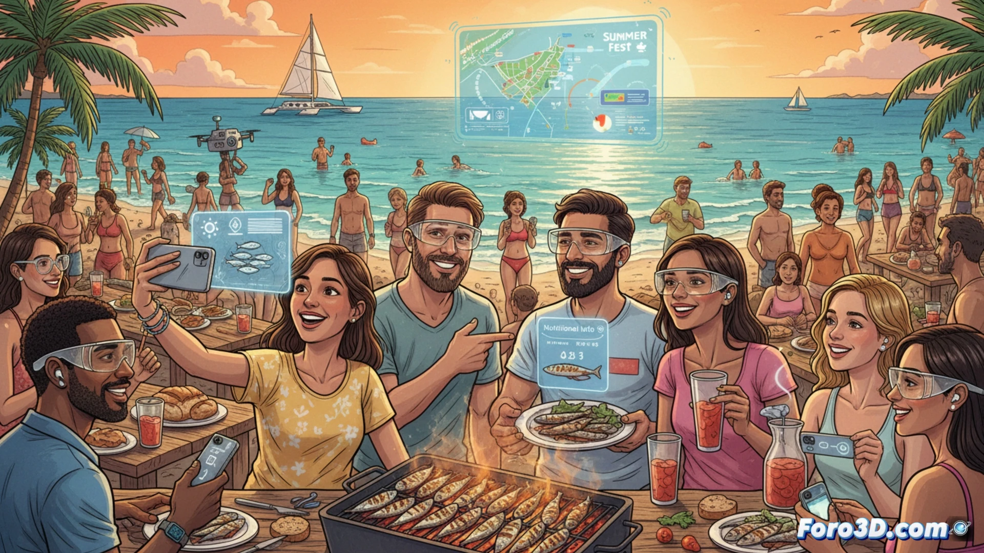 humo de sardinas asadas elevándose sobre una parrilla portátil en un paseo marítimo, turista usando gafas de realidad aumentada mientras sostiene un smartphone con una app abierta mostrando superposiciones digitales sobre el horizonte marino, olas rompiendo al fondo, selfie stick con cámara girando capturando la escena, componentes electrónicos visibles en la muñeca del usuario como un smartwatch táctil, brisa marina moviendo el cabello, luces de atardecer reflejándose en las pantallas, estilo cinematográfico fotorrealista, iluminación cálida y contrastada