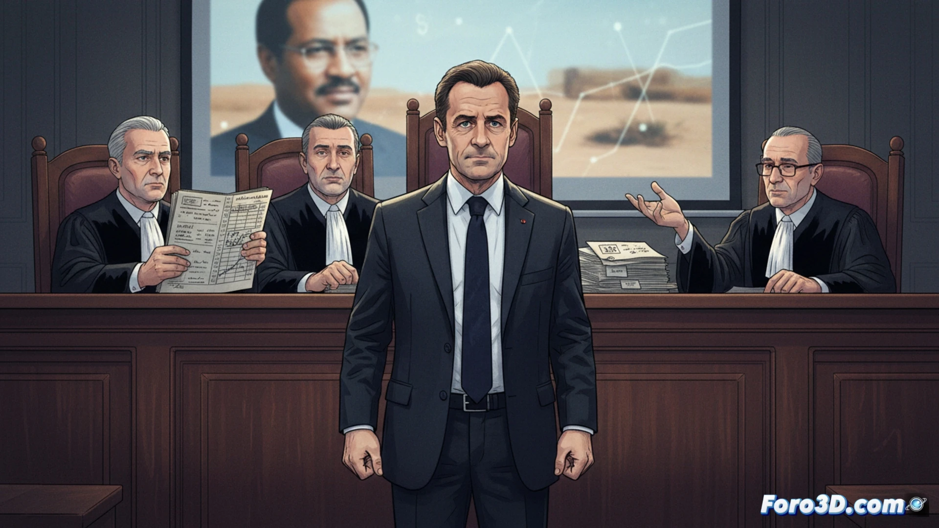 Un juez observa documentos financieros mientras Sarkozy gesticula, con billetes y un mapa de Libia al fondo.