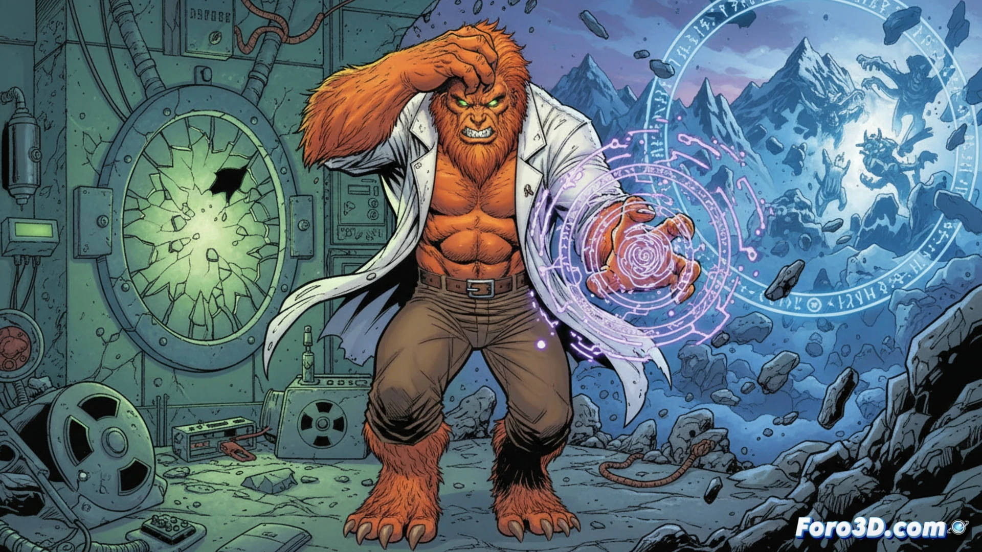 Sasquatch naranja de tres metros, con cráneo bestial, irrumpe desde un portal místico rojo mientras fragmentos de laboratorio gamma flotan a su alrededor.