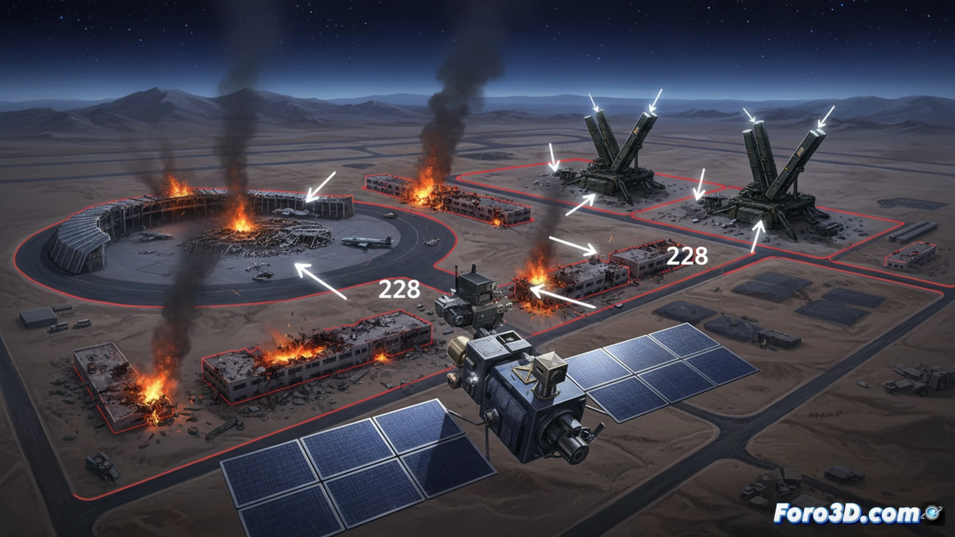 Imagen satelital nocturna con resplandores de impacto en una base militar. Hangares y radares THAAD destruidos, con escombros y cráteres visibles.