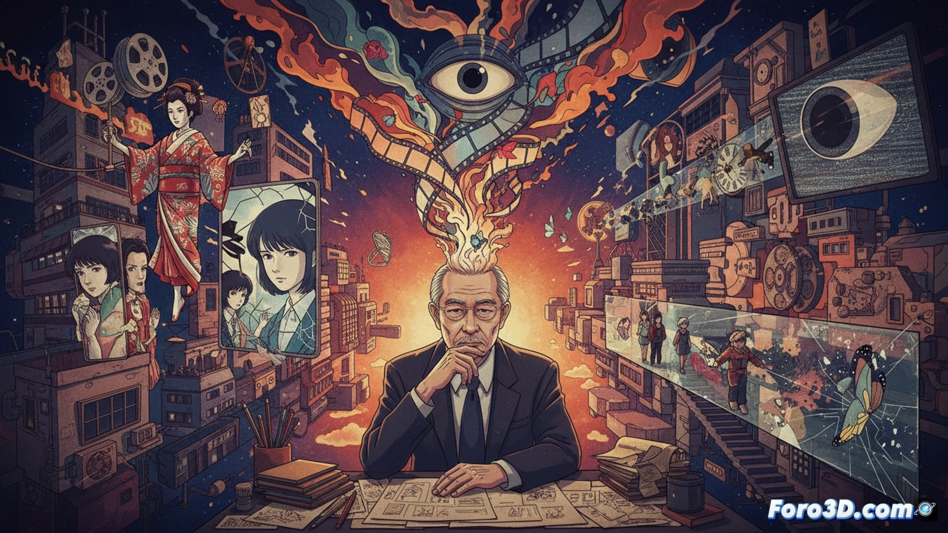 Un laberinto onírico de espejos rotos, donde siluetas caminan entre realidades superpuestas; el rostro de Satoshi Kon emerge entre sueños, difuminando el horizonte.