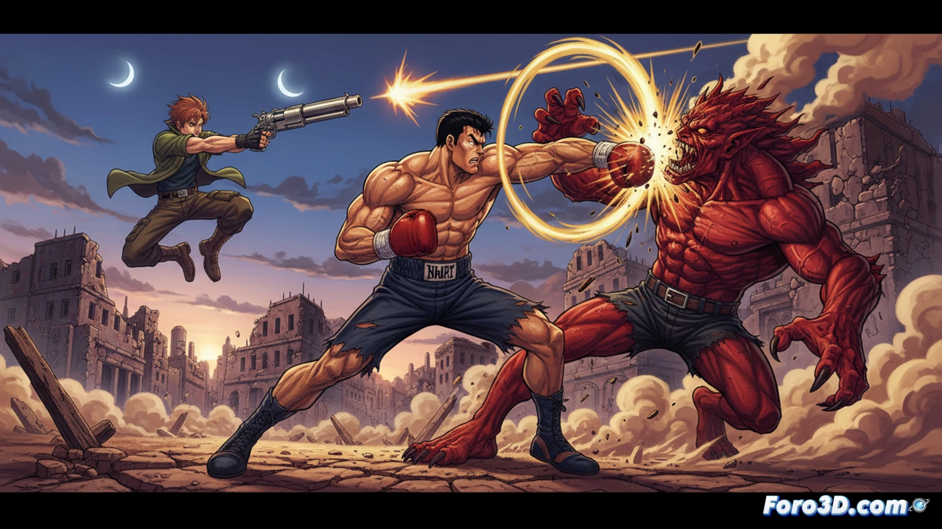 Un boxeador de Hajime no Ippo lanza un golpe directo, sudor y tensión muscular visibles, fondo oscuro con destellos de impacto.