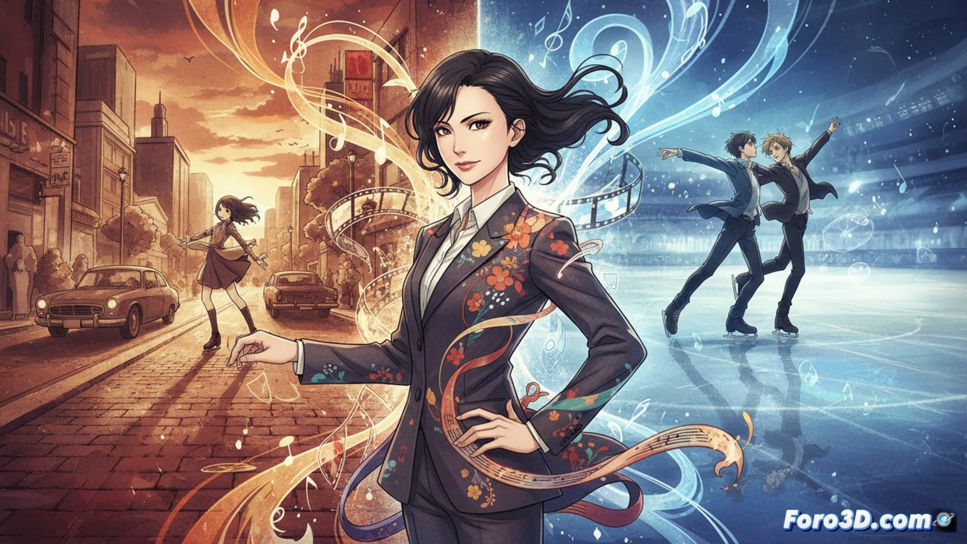 Sayo Yamamoto, directora de anime, iluminada por luces de neón, rodeada de personajes de sus obras: Michiko, Yuri!!! on Ice.