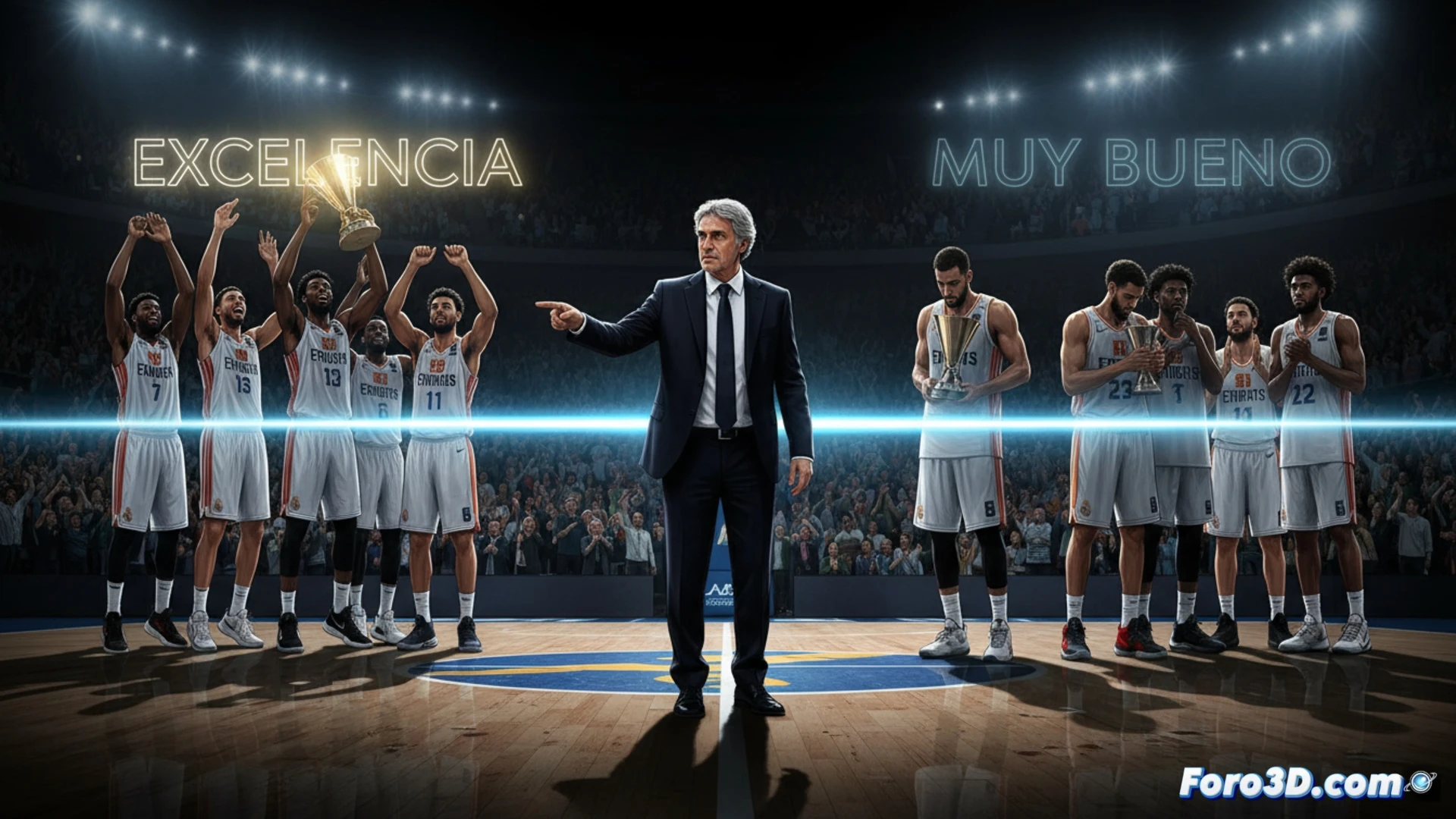 Real Madrid basketball court during a tense Euroleague Final Four qualifying moment, Sergio Scariolo pointing decisively toward the scoreboard while players celebrate behind him, a glowing dividing line of light on the hardwood floor separating two groups of players labeled by excellence versus very good, technical illustration style with cinematic lighting, sharp contrast between illuminated champions and shadowed competitors, photorealistic sports visualization, dramatic arena atmosphere, sweat droplets frozen mid-action, intense focus on coach’s hand gesture, ultra-detailed jersey textures, high-contrast professional basketball lighting
