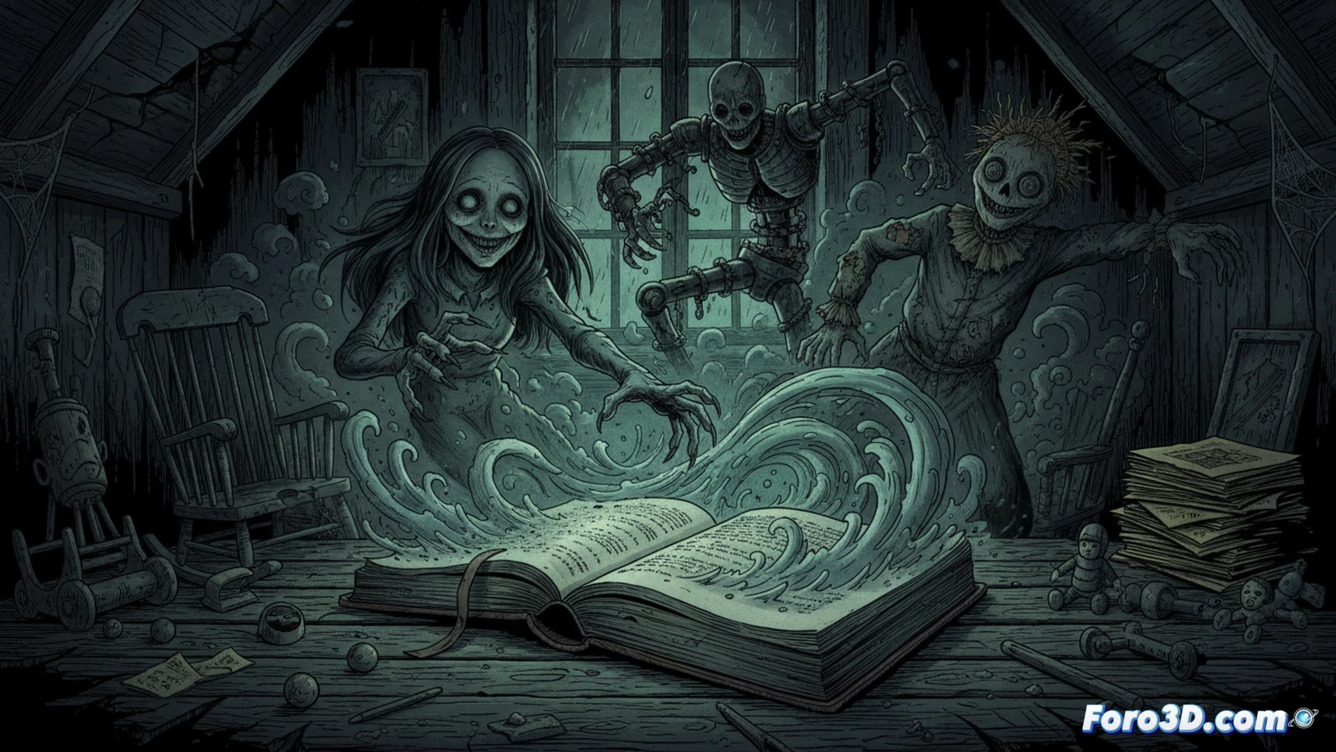 A dusty abandoned library at midnight, a teenage girl's trembling hand turning a page of a blood-stained open book, glowing red runes lifting from the paper like smoke, a monstrous humanoid figure with stitched skin and jagged teeth emerging from the shadows behind her, old wooden shelves collapsing under the weight of decaying horror novels, cinematic horror visualization, photorealistic technical render, dramatic chiaroscuro lighting, dust particles suspended in a single beam of moonlight, analog film grain texture, dark sepia tones with crimson highlights, ultra-detailed fabric wrinkles on her vintage 1970s clothing, motion blur on the creature's clawed hand reaching forward, no digital screen glows, no computer monitors, no wires, pure analog terror.
