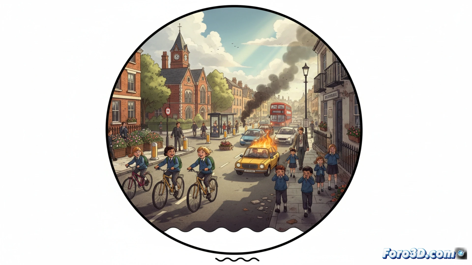 two contrasting city streets scenes side by side, left side shows a london school street closed to traffic, children walking freely on a clean road with colourful bollards and planters, a teacher holding a stop sign, parents cycling with kids, clear air, bright daylight, right side shows a spanish school street during drop-off, cars idling in a congested queue, exhaust fumes visible, a child coughing near a tailpipe, a parent strapping a child into a car seat while ignoring a no-idling sign, dirty grey buildings, smog haze, cinematic photorealistic style, dramatic contrast lighting, hyperdetailed urban textures, motion blur on moving cars, sharp focus on children's faces, wide angle lens, depth of field, ultra realistic architectural render