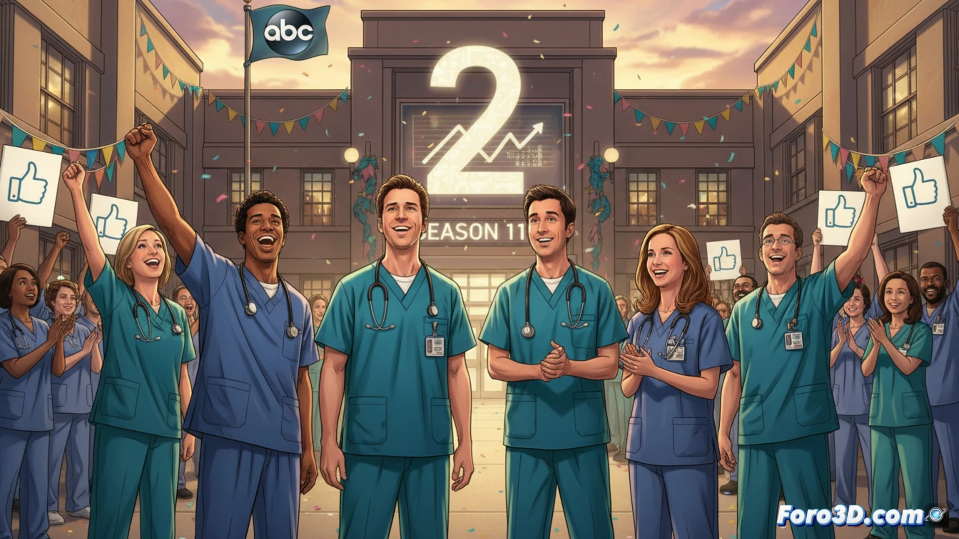 El elenco de 'Scrubs' celebra en el set del hospital, con gráficos de audiencia récord y el logo de ABC confirmando la temporada 2 del revival.