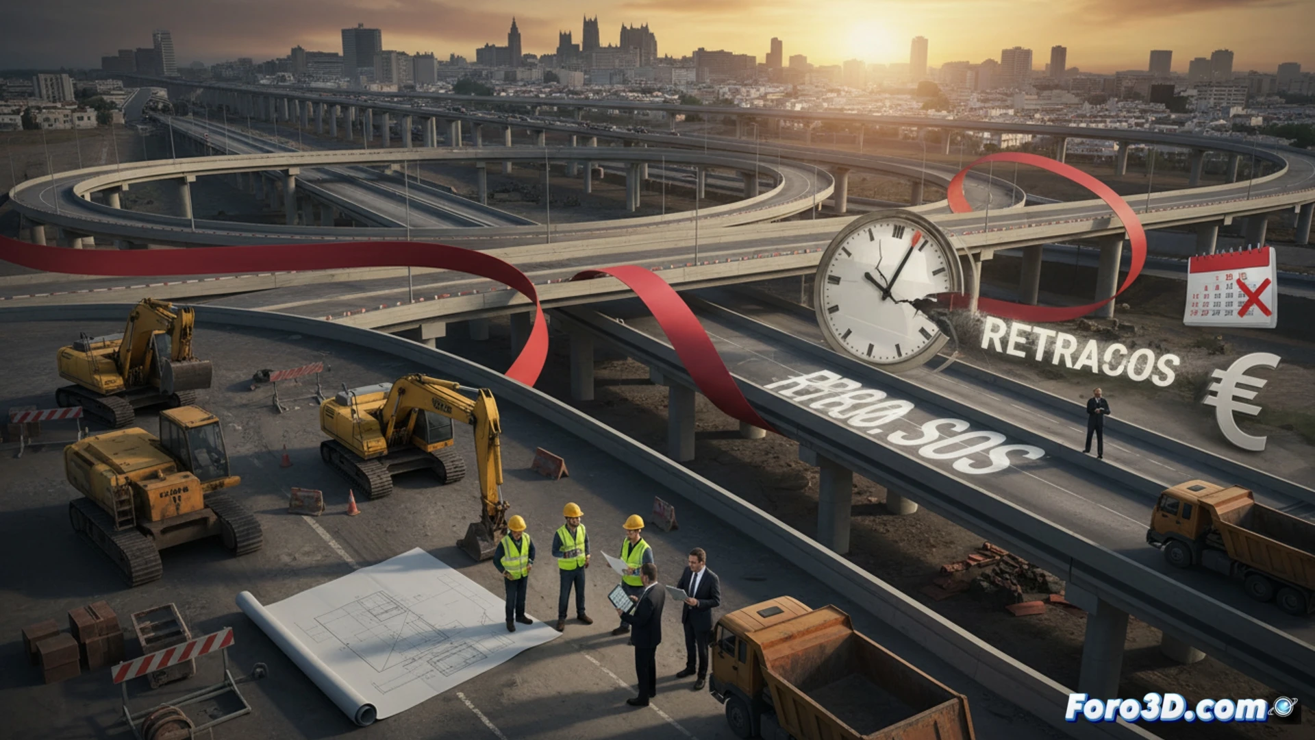 Aerial view of a halted highway construction site, yellow bulldozers and excavators motionless on an unfinished elevated bridge section, concrete barriers and steel rebar exposed, a stack of official documents with a red stamp on a portable site table, a construction manager pointing at a digital tablet showing a delayed timeline, sunset casting long shadows over idle machinery, cinematic engineering visualization, photorealistic industrial lighting, dust particles suspended in air, dramatic contrast between unfinished concrete and orange sky, ultra-detailed mechanical components