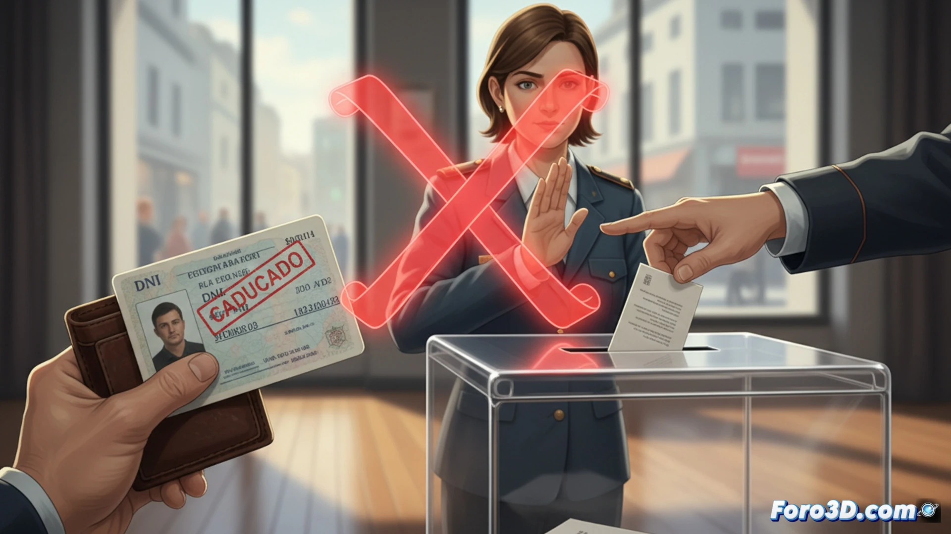 photorealistic technical illustration, a close-up of a person's hand holding an expired DNI card with a visible expiration date stamp, the card being rejected by an electronic voting terminal screen showing a red error symbol, ballot papers scattered on a metallic table, a security camera monitoring the scene, cinematic lighting casting shadows, ultra-detailed plastic card texture, reflective screen surface, dramatic contrast between the outdated ID and modern voting technology, photorealistic render