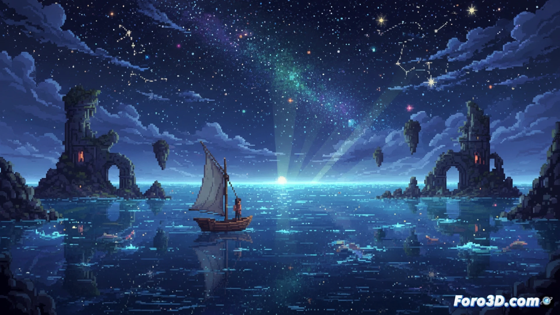 Una escena nocturna pixelada de Sea of Stars: un puente de piedra bajo un cielo estrellado, con personajes iluminados por un resplandor mágico azul y dorado en tiempo real.