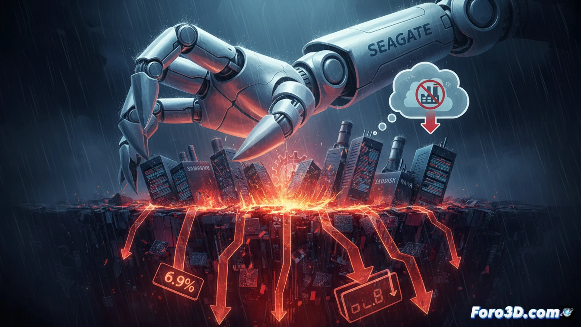 industrial factory interior collapse scene, empty assembly line for hard disk drives half-disassembled, robotic arms frozen mid-motion with disconnected cables dangling, glowing red warning lights on production equipment, financial ticker symbols SEAGATE SAMSUNG SKHYNIX SANDSK NANYA displayed as crashing red arrows on overhead monitors, scattered HDD components and silicon wafers on conveyor belt, dust particles suspended in dim emergency lighting, dramatic shadows across manufacturing machinery, cinematic photorealistic engineering visualization, metallic surfaces with cold blue and amber tones, wide-angle lens emphasizing vast empty space, ultra-detailed industrial textures