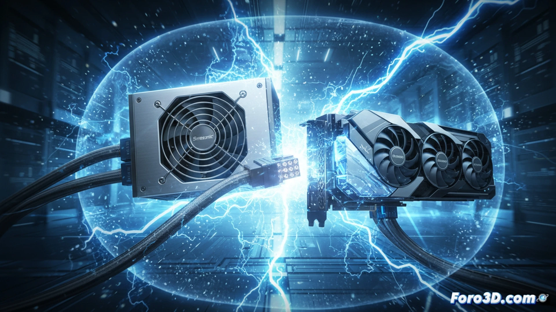 High-end power supply unit internal view during peak load testing, 1600W PSU with exposed titanium-grade components and ATX 3.1 connector, intense electrical arcs glowing inside capacitors, cooling fan spinning at high speed creating visible airflow streaks, oscilloscope screen showing voltage spikes being flattened, GPU power cable plugged into the new 12V-2x6 connector, thermal imaging overlay showing heat dissipation across heatsinks, cinematic engineering visualization, photorealistic technical render, dramatic blue and orange lighting, ultra-detailed circuit board traces, industrial precision aesthetic