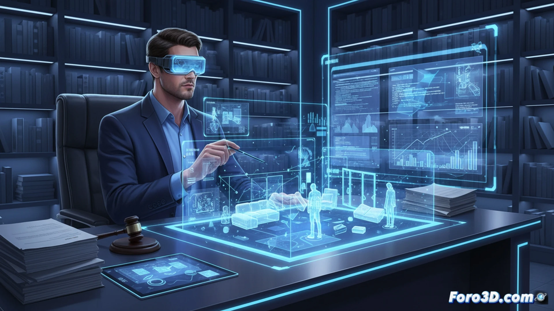 Un juzgado digital con un secretario judicial manipulando un modelo 3D de una escena del crimen flotando sobre una mesa táctil, con expedientes virtuales girando a su alrededor.