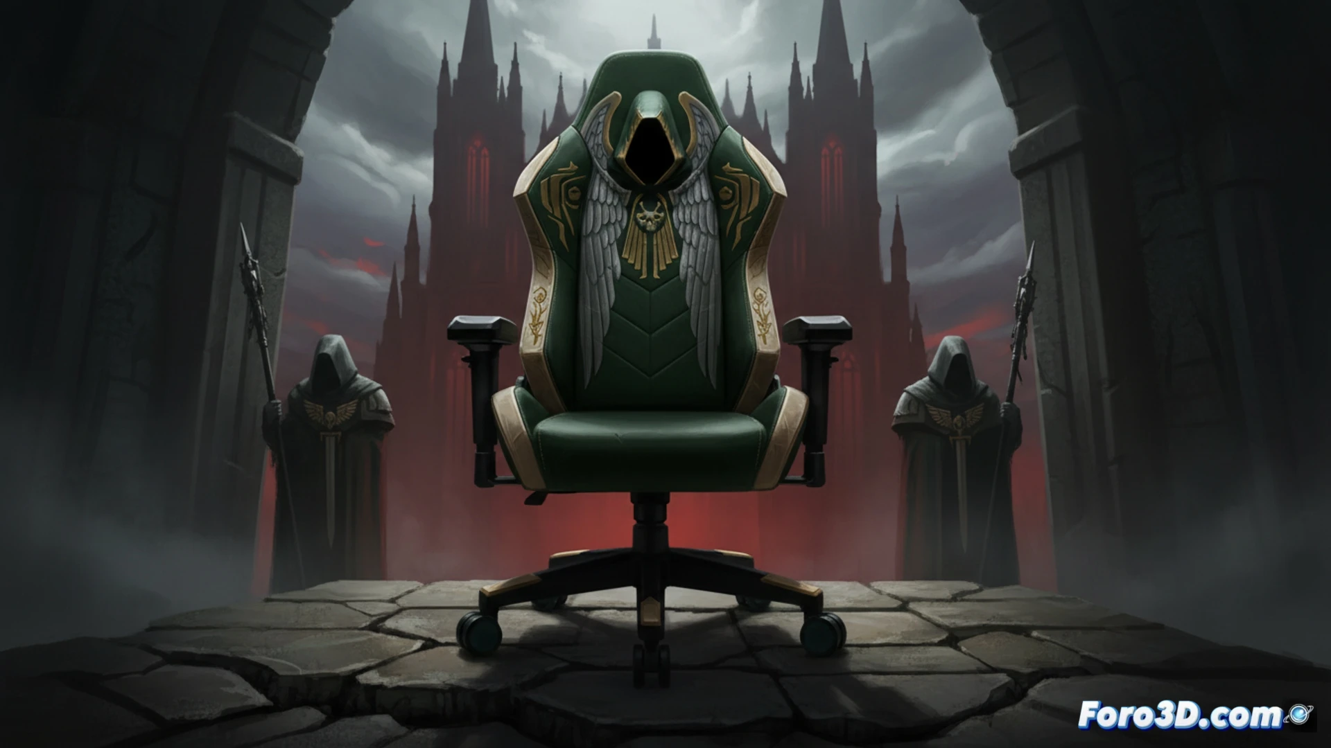 Secretlab Titan Evo silla oficina verde oscuro cuero ecológico, respaldo microsuede con ángel encapuchado, laterales detalle armadura poder Deathwing triángulos rojos blancos, proceso ensamblaje final en fábrica, trabajador ajustando reposabrazos metálicos con herramienta neumática, mesa técnica con componentes desmontados, iluminación dramática industrial, sombras profundas, texturas cuero y microfibra ultrarealistas, estilo fotorealismo cinematográfico, demostrando construcción premium y diseño inspirado en Warhammer 40k Caliban