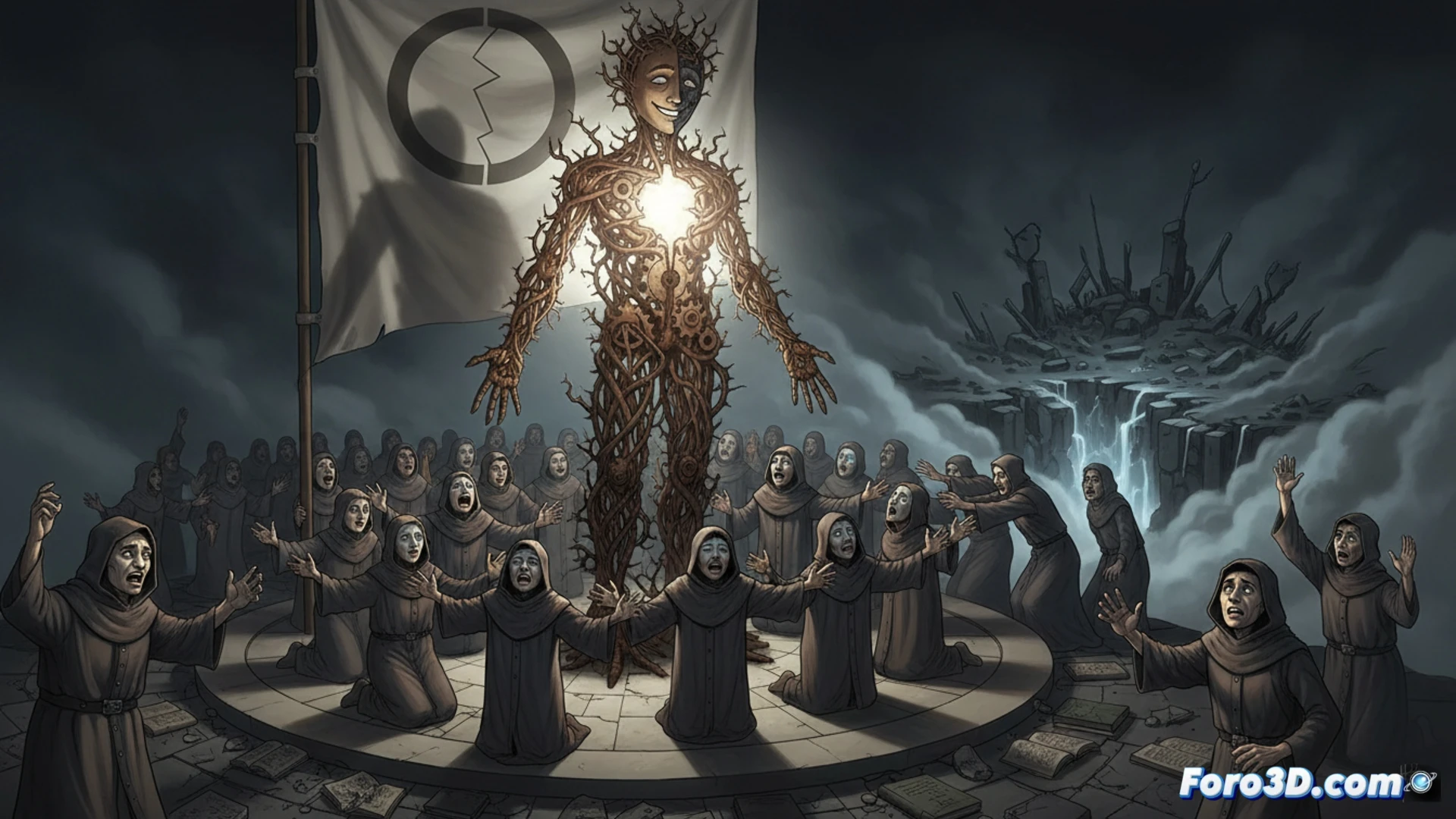crowd of people divided by a glowing red-blue chasm, individuals in the center being physically pushed away from both sides, hands reaching out but blocked by transparent digital barriers showing lines of code, surveillance cameras with red lights scanning faces, a person holding a smartphone displaying a social media app with a single like button and a block button, cinematic photorealistic rendering, dramatic chiaroscuro lighting, dust particles suspended in air, cold blue and warm red color contrast, wide-angle lens distortion, ultra-detailed textures on clothing and concrete floor