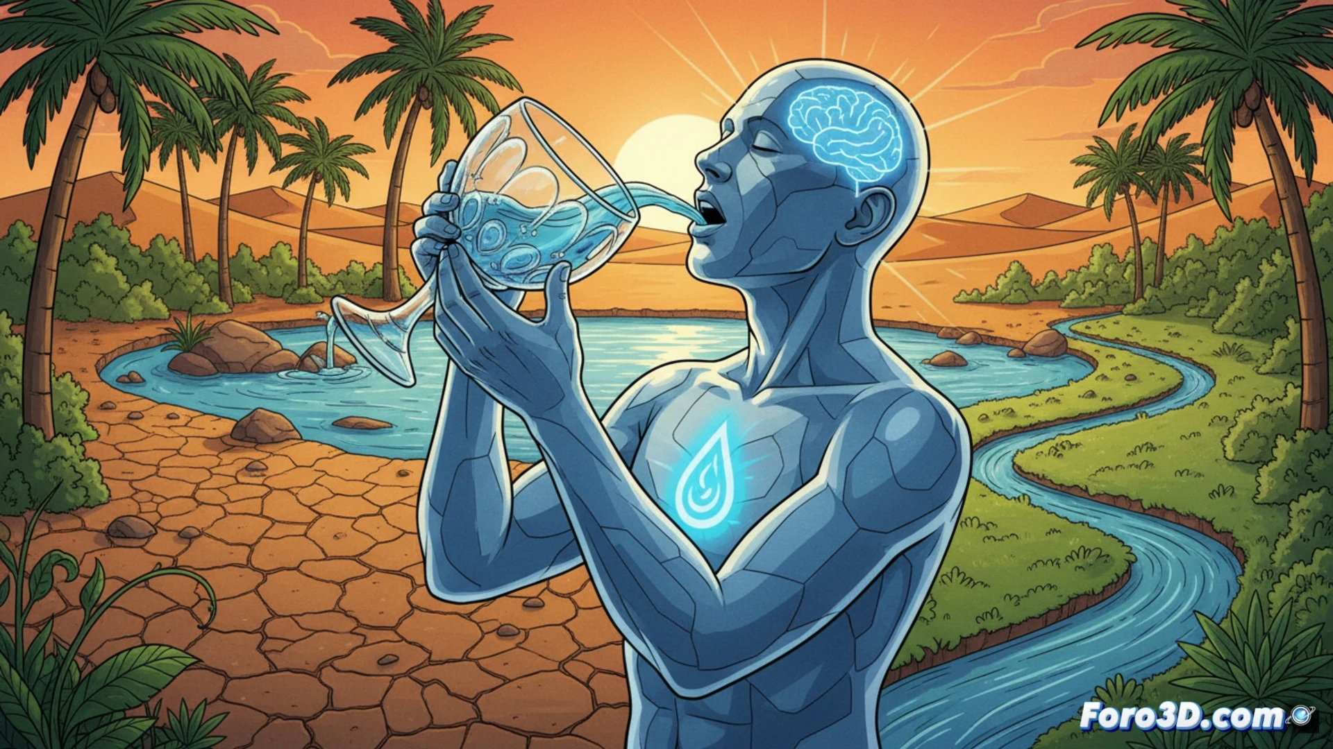 Una mano sostiene un vaso de agua cristalina, con gotas resbalando. Al fondo, un mapa corporal luminoso muestra zonas azules serenas, sin alertas rojas. Simboliza la sed como guía confiable, no una alarma tardía.