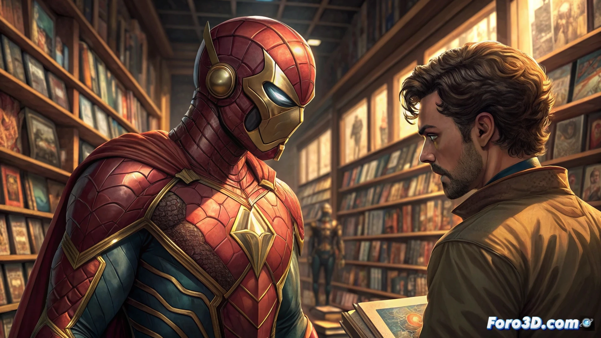Una pila de cómics nuevos brilla bajo un foco, con etiquetas rojas de 'agotado' y manos de lectores esperando reimpresiones urgentes.