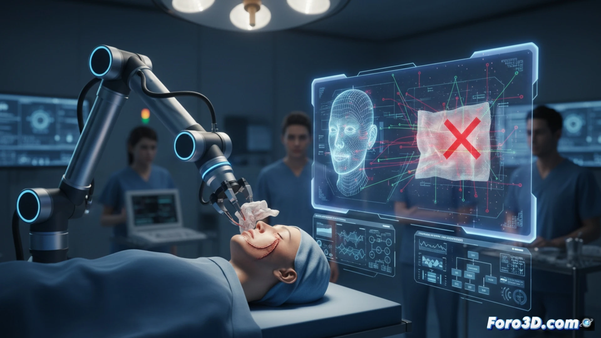 cobot quirurgico con brazo robotico y sensor tactil en operacion dermatologica con fallo de seguridad