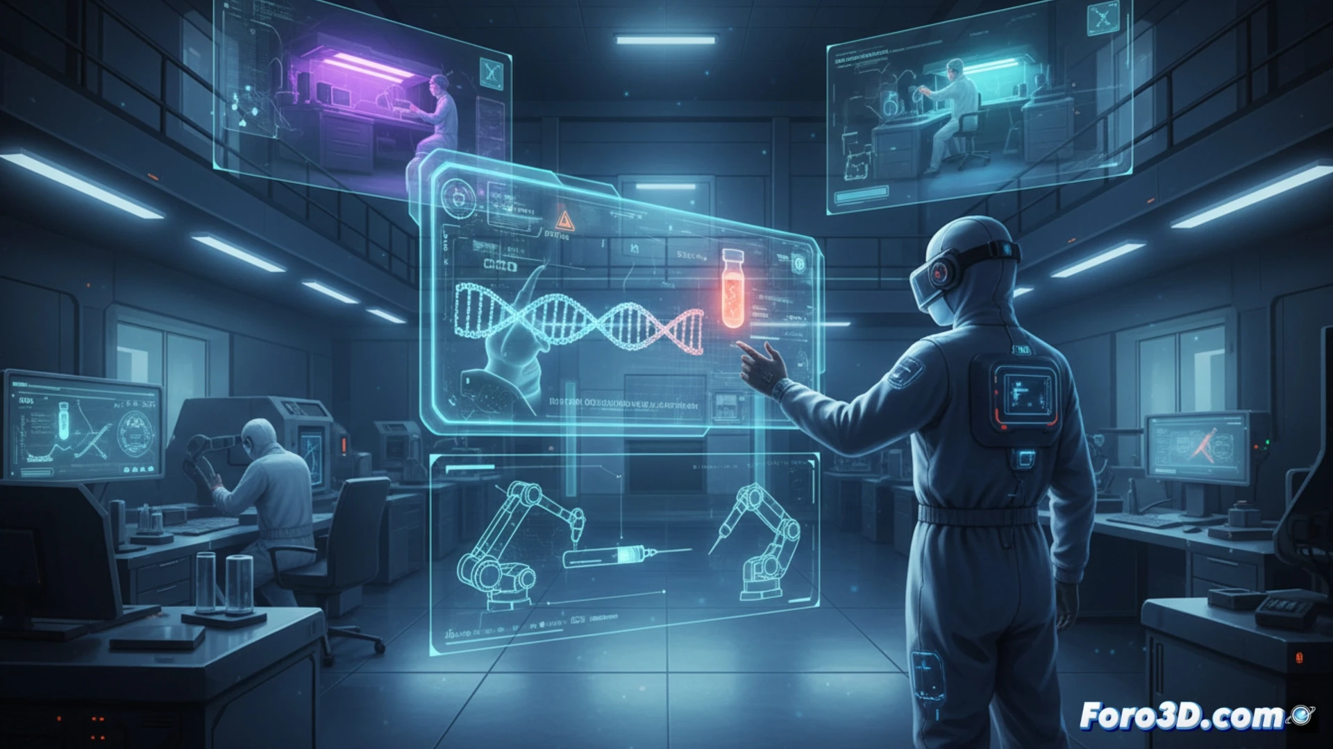 Tecnico de genetica usando simulacion 3D para evitar pinchazos y exposicion a agentes biologicos en laboratorio