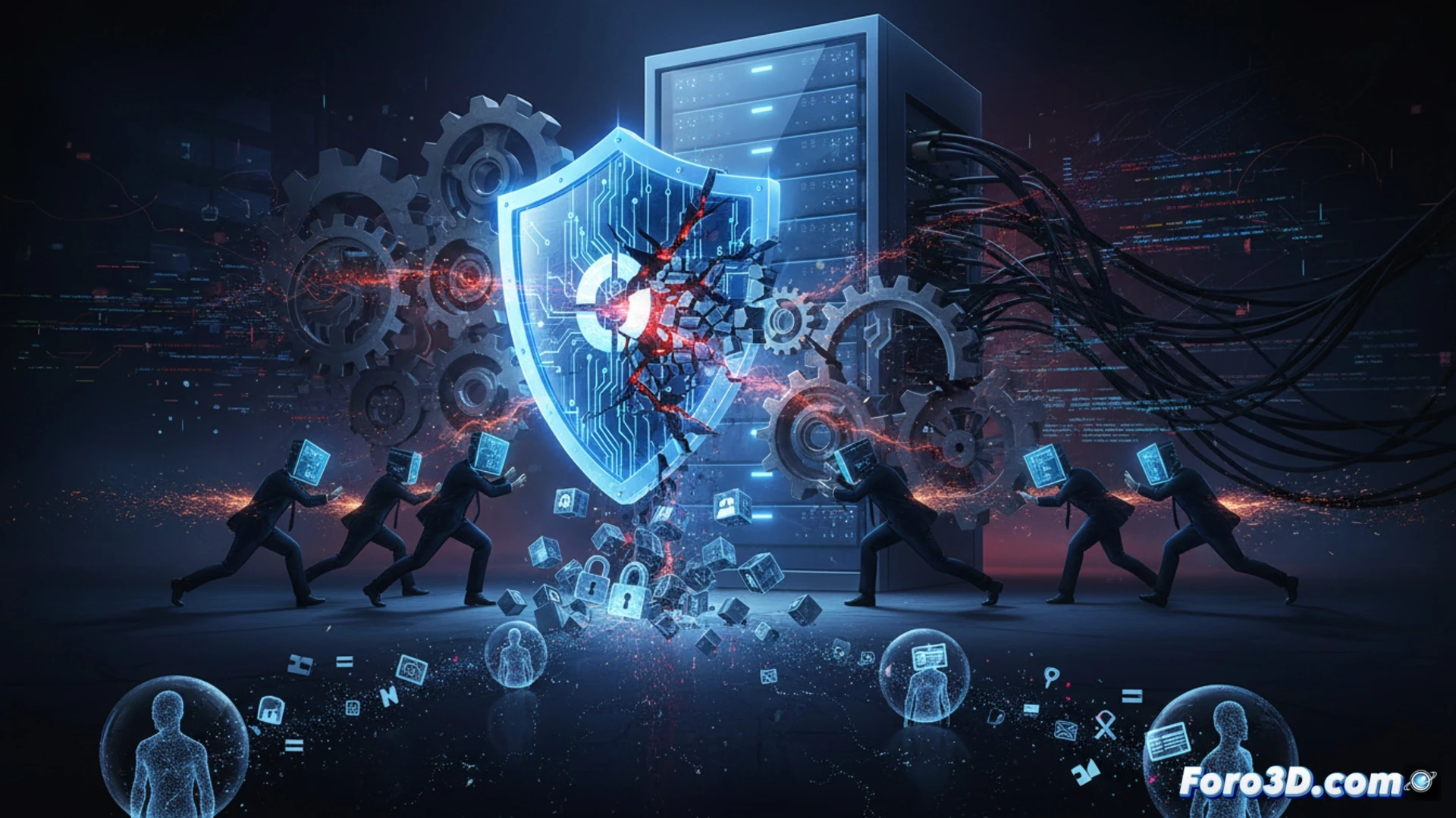 Photorealistic cinematic scene of a massive open-source code repository interface floating in a dark server room, glowing green lines of code cascading down while a cracked padlock icon hangs above, a hooded figure typing rapidly on a terminal keyboard, unseen malware symbols creeping through the code stream, server racks with blinking red warning lights in the background, dramatic high-contrast lighting, metallic and digital textures, technical engineering visualization style, motion blur on code flow, ultra-detailed hardware components, sense of urgent action