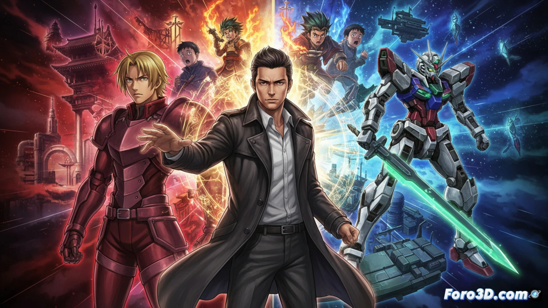 Seiji Mizushima en primer plano, con monitores mostrando Fullmetal Alchemist, Gundam 00 y Shaman King.