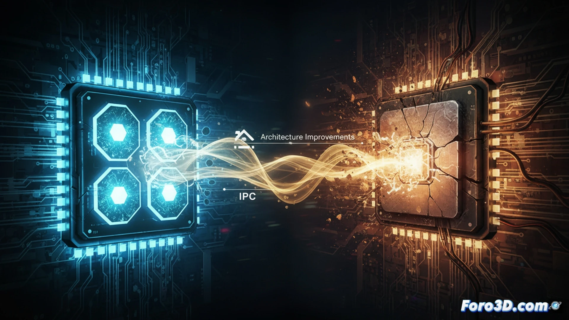 Un chip de seis núcleos moderno supera a uno antiguo de diez, simbolizando la eficiencia arquitectónica sobre la cantidad bruta de núcleos.