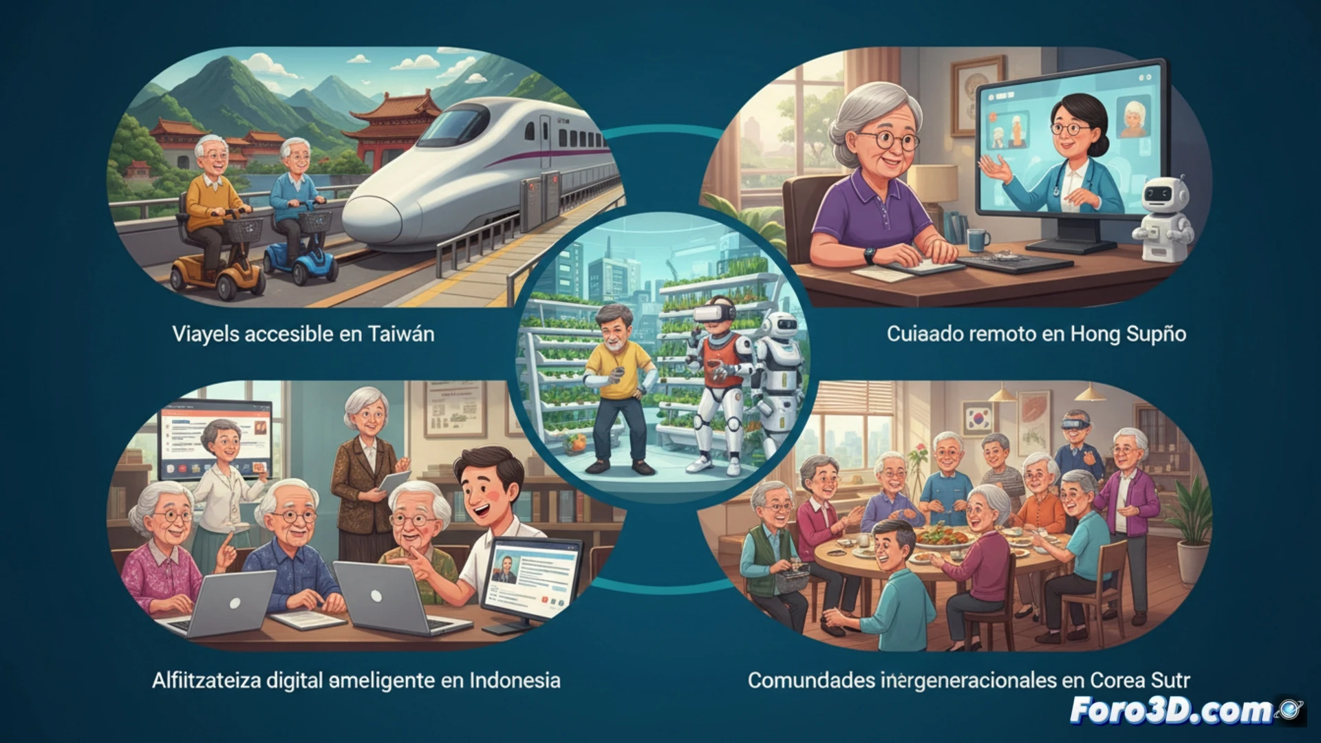 Senior Asian woman using a tablet with magnified health dashboard interface, remote doctor consultation via video call on screen, ergonomic travel suitcase with mobility handle nearby, group of elderly hikers with walking sticks on accessible mountain path in background, digital literacy class showing smartphone tutorial projected on wall, photorealistic cinematic style, warm golden hour lighting, soft focus on technology interaction, detailed medical icons and fitness trackers on tablet, clean modern interior with traditional Asian wooden accents, demonstrating active aging through technology and community connection