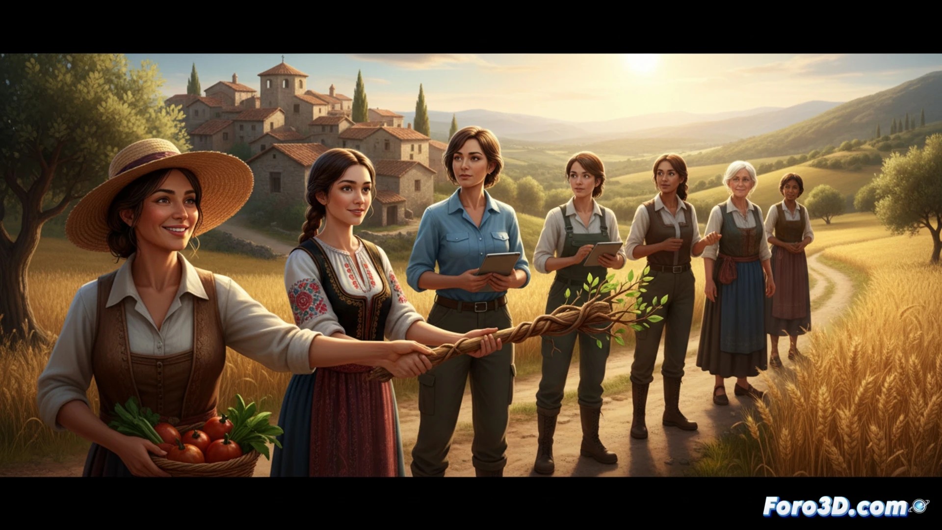 Seis mujeres de pie en un campo, con herramientas agrícolas, miran al horizonte al atardecer, simbolizando su compromiso con el medio rural y la preservación de tradiciones.