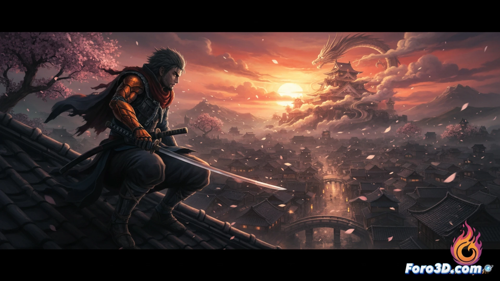Póster de Sekiro: No Defeat, con el shinobi de un solo brazo empuñando su espada contra un fondo rojo y humo. Logo del anime y Crunchyroll.