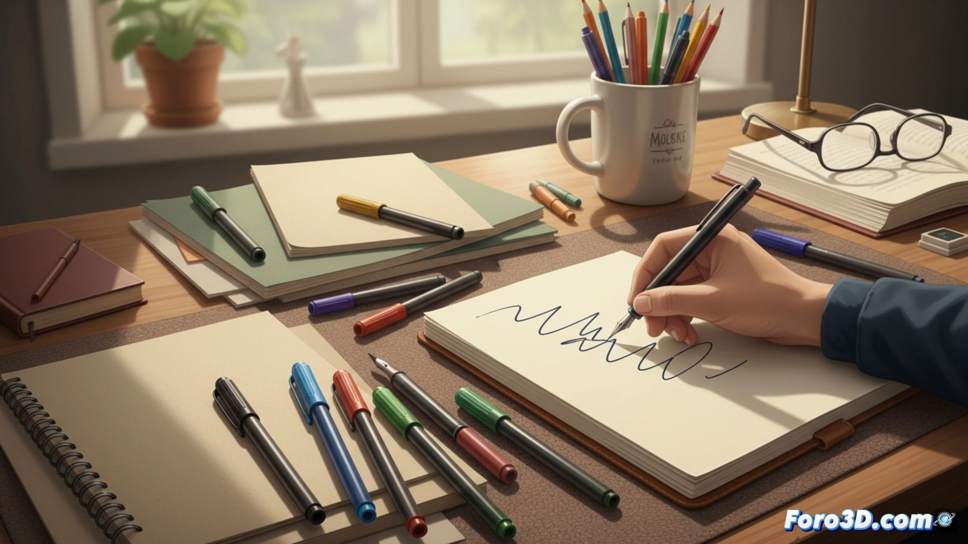 Una mano sostiene un bolígrafo sobre un cuaderno Moleskine abierto, junto a lápices y hojas sueltas, con luz cálida que evoca calma y creatividad lejos de pantallas.