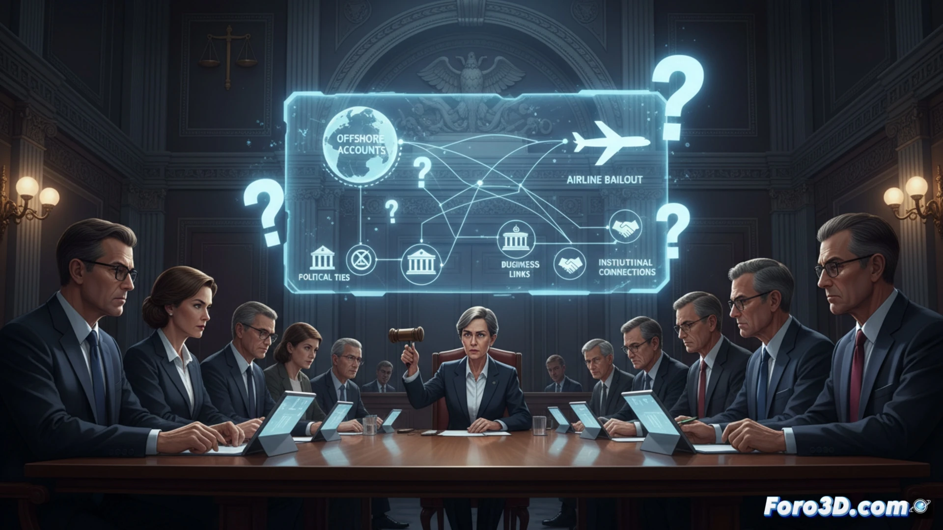 investigative committee room with senators examining offshore financial documents on digital screens, a businessman testifying while a lawyer points to a complex corporate structure diagram, aircraft rescue bailout papers stacked on the table, forensic accounting software interface visible on a laptop, cinematic political thriller style, dark mahogany wood tones, dramatic overhead lighting, tense body language, photorealistic legislative hearing atmosphere, technical illustration of legal process