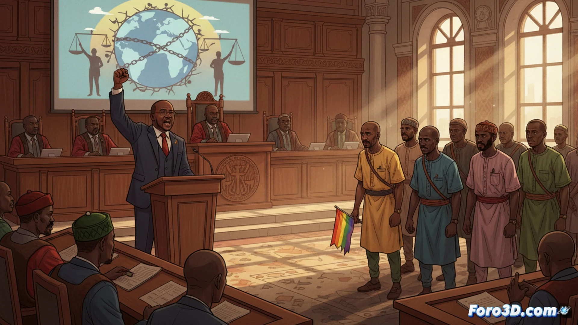 African parliamentary chamber in session, Ousmane Sonko standing at podium raising hand in emphatic gesture, lawmakers seated in curved rows, large wooden gavel on desk, brass microphones, green leather chairs, dramatic overhead lighting casting long shadows, document with judicial seal being passed between legislators, security guards in blue uniforms at doors, photorealistic cinematic style, warm amber tones contrasting with dark suits, intense political atmosphere, detailed architectural columns and ceiling fans, ultra-realistic textures on wood and fabric