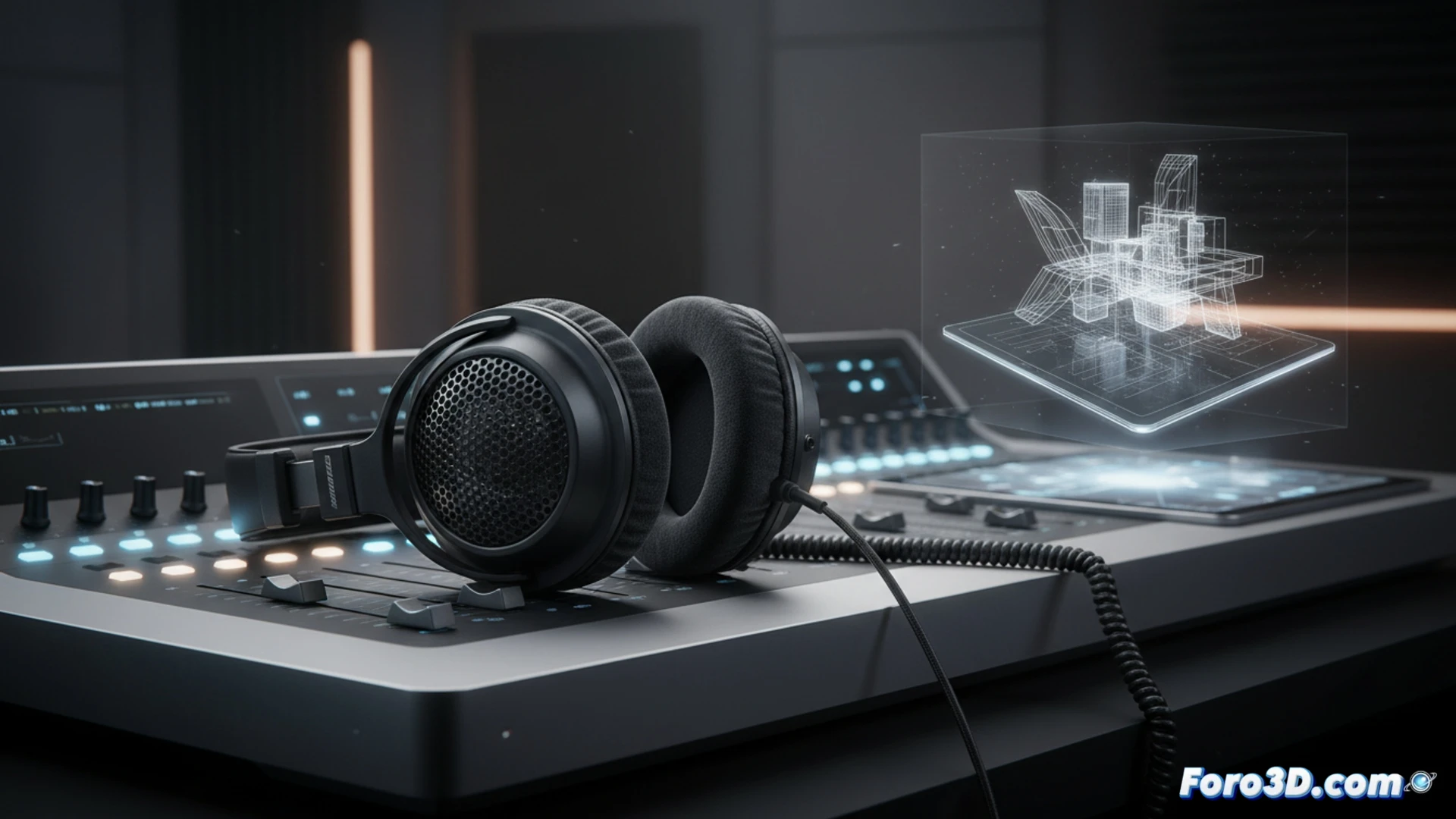 Open-back studio headphones resting on a mixing console, sound waves visualized as translucent geometric grids emanating from ear cups, a sound engineer gesturing toward a 3D spatial audio workspace on a monitor showing multichannel panning and object-based mixing, while a second screen displays a game environment with positional audio markers, cinematic technical illustration, neutral grey studio lighting, brushed metal and matte black textures, precise acoustic foam panels on walls, photorealistic engineering visualization