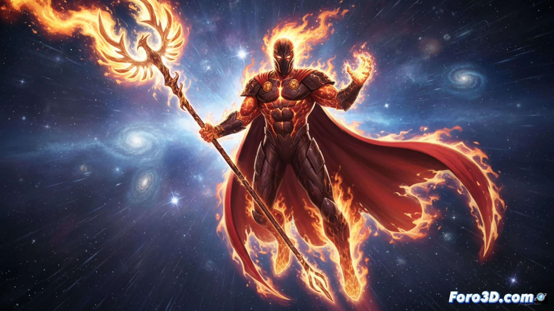 Pyreus Kril, el Señor del Fuego, flota en el cosmos con su bastón llameante y armadura clásica de los 70, irradiando poder estelar.