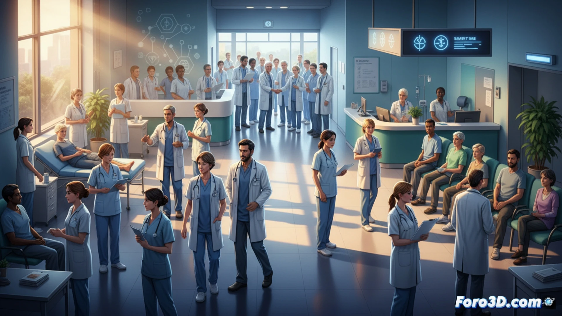Un pasillo de hospital abarrotado, con médicos y enfermeras agotados junto a camillas. Al fondo, un cartel dice: 'Reforzar plantillas ya'.