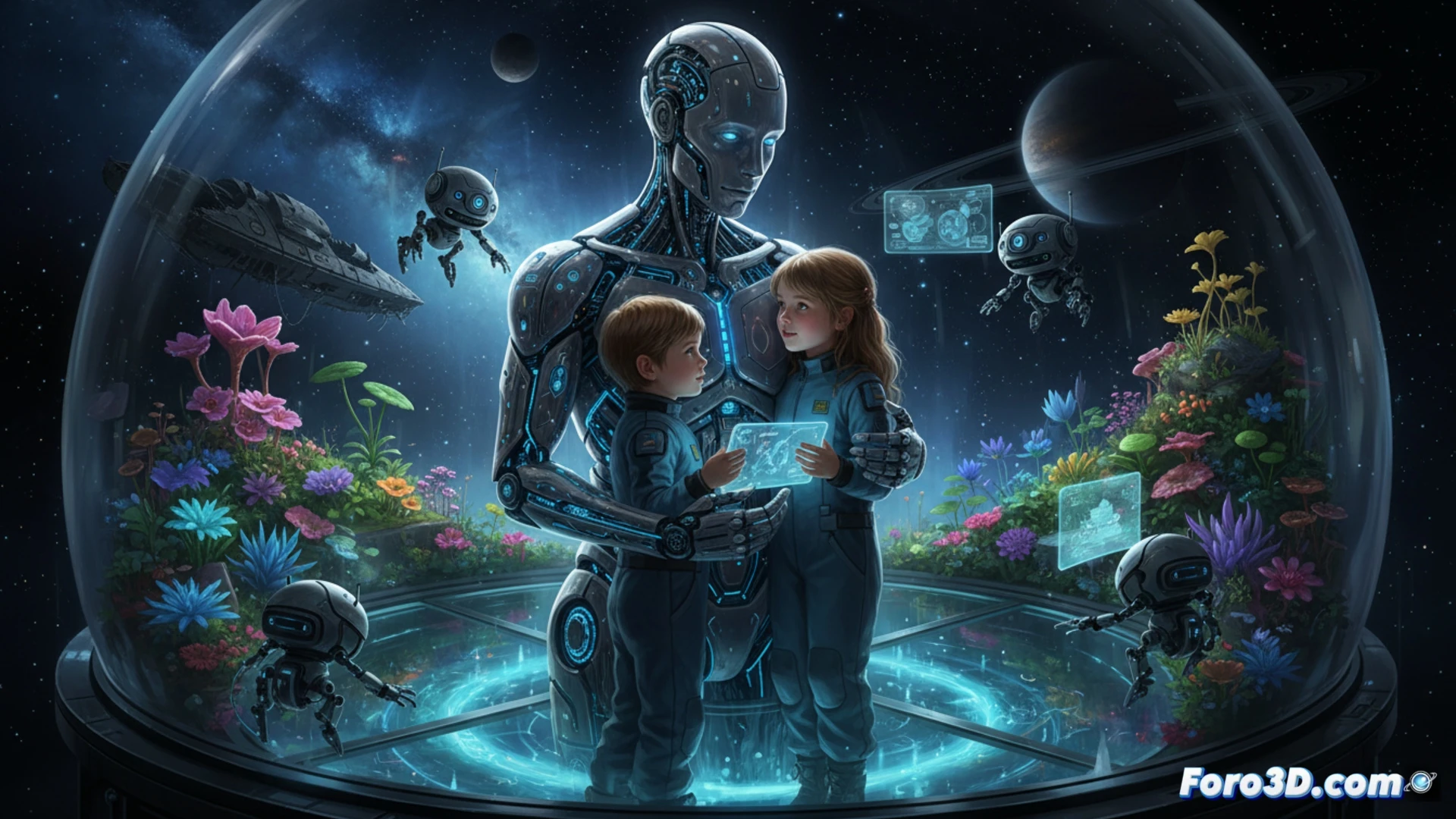 Portada de Sentient, IA y niños en nave espacial oscura, tono inquietante y ciencia ficción