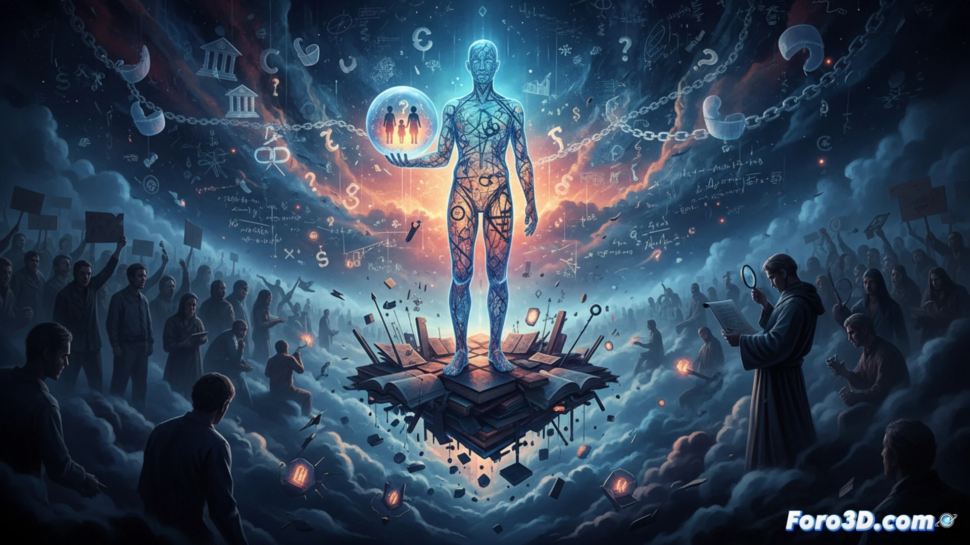 Photorealistic technical illustration of a human silhouette split into overlapping scientific diagrams, anthropology symbols merging with psychology brain scans and sociology network nodes, a young adult standing on crumbling economic graphs while reaching toward a glowing futuristic city, government document with declining birth rate charts being ignored, precarious housing structures in background, cinematic lighting with warm human tones contrasting cold data overlays, ultra-detailed skin texture showing digital grid lines, demography population pyramids dissolving into question marks, complex multidisciplinary visualization