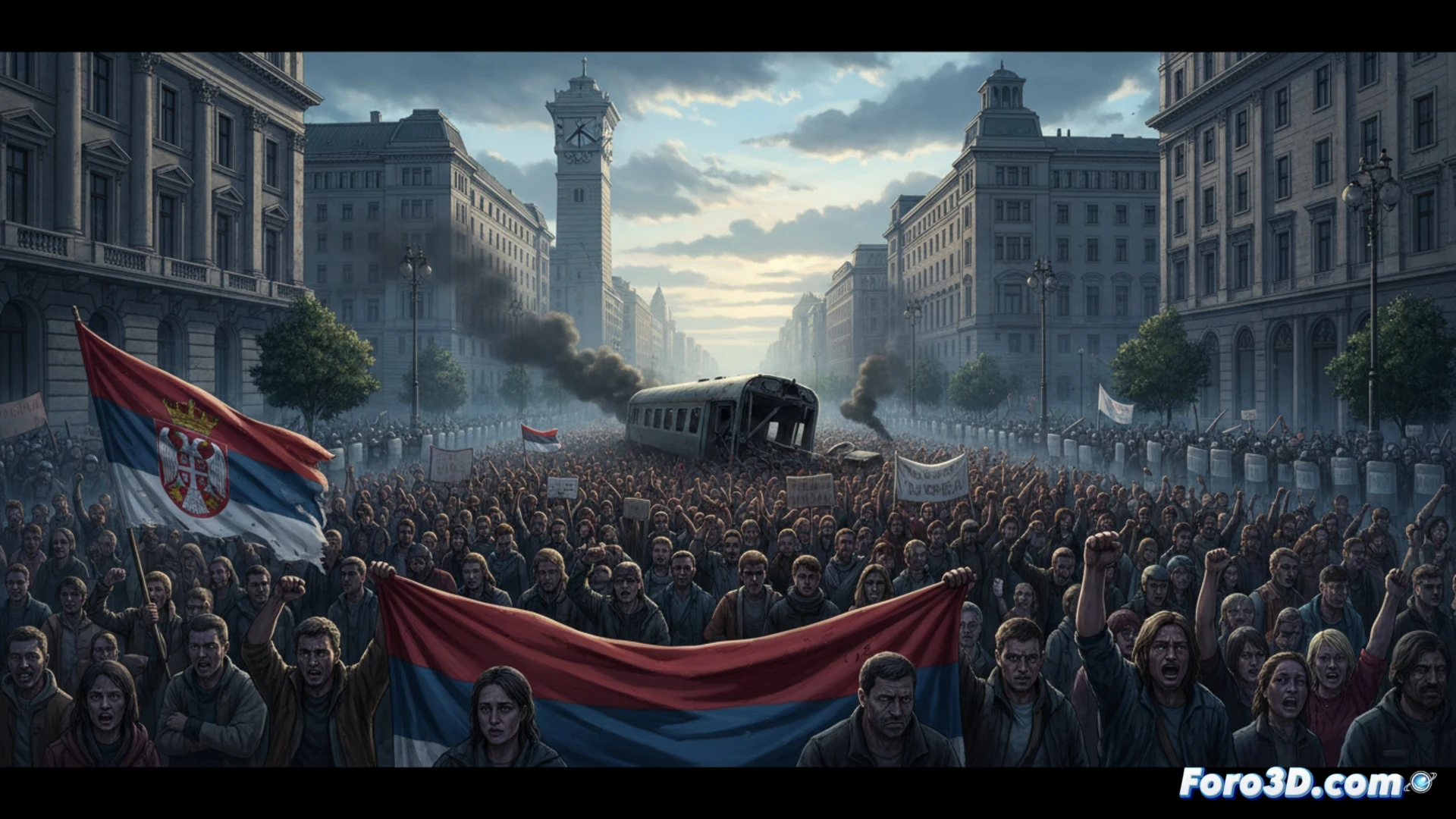 massive crowd of protesters filling a wide urban boulevard in Serbia, hundreds of thousands of people holding flickering candles and mobile phone lights, railway station in background with damaged train tracks and concrete debris visible, smoke rising from collapsed station canopy, protesters holding transparent banners demanding justice, cinematic photorealistic wide-angle shot, dramatic overcast sky, deep shadows contrasting with warm candlelight, detailed crowd faces showing anger and grief, industrial building silhouettes, realistic urban protest scene, no text or numbers visible, hyperdetailed architectural elements, film grain texture, 8K resolution