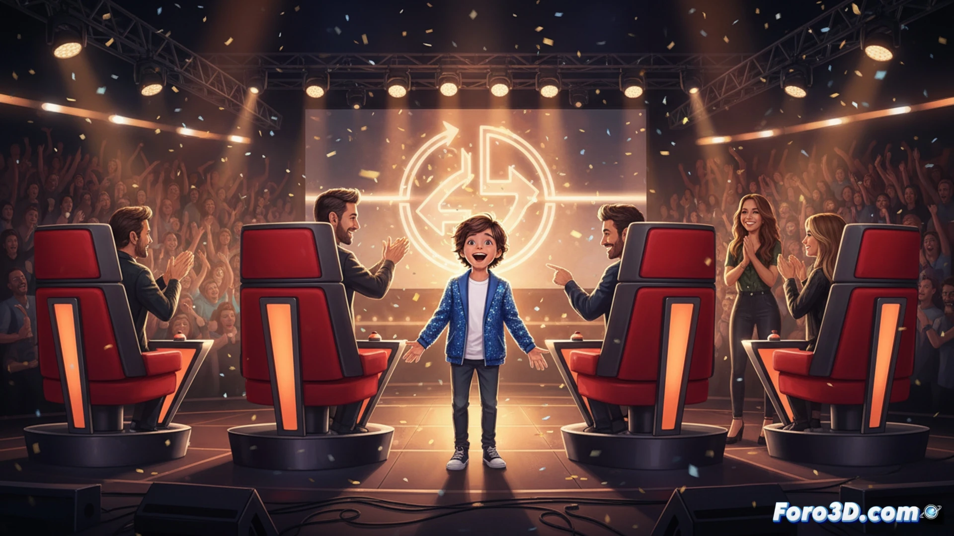 voice performance competition scene, four large red coach chairs spinning simultaneously toward a small stage, young boy singing into vintage microphone on stand, stage lights illuminating his face, dramatic moment of all chairs facing forward, audience blurred in background cheering, cinematic photorealistic style, warm spotlight contrasting with dark studio, motion blur on rotating chairs, emotional tension captured mid-action, ultra-detailed fabric texture on chairs, professional broadcast lighting setup