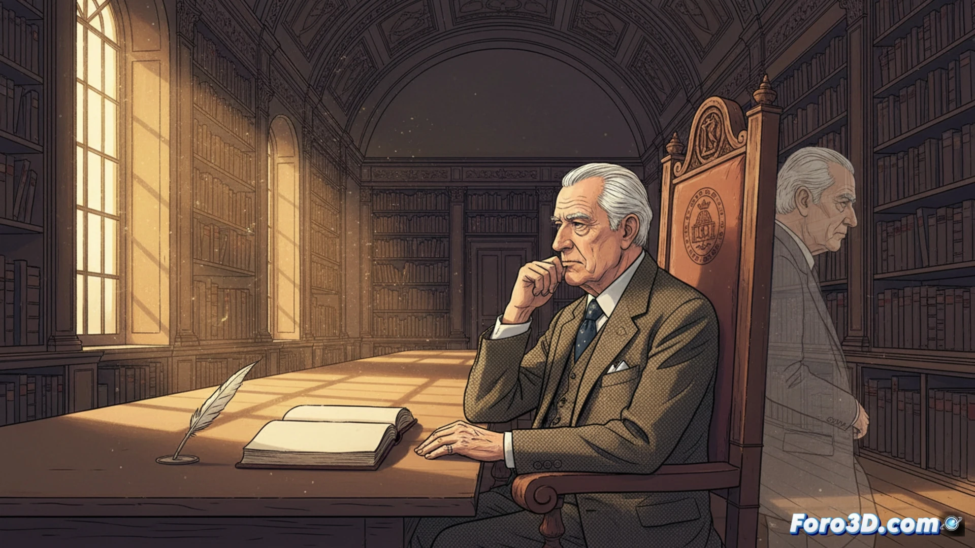 Sergio Ramírez colocando un antiguo libro encuadernado en cuero en un atril de madera oscura frente a una silla vacía con la letra L dorada, mientras una pluma estilográfica metálica descansa sobre un manuscrito abierto con diagramas lingüísticos, fondo de estanterías con volúmenes de la RAE, luz tenue de lámpara de escritorio iluminando el proceso, estilo fotorealista cinematográfico, textura de papel antiguo, sombras dramáticas, alta definición técnica
