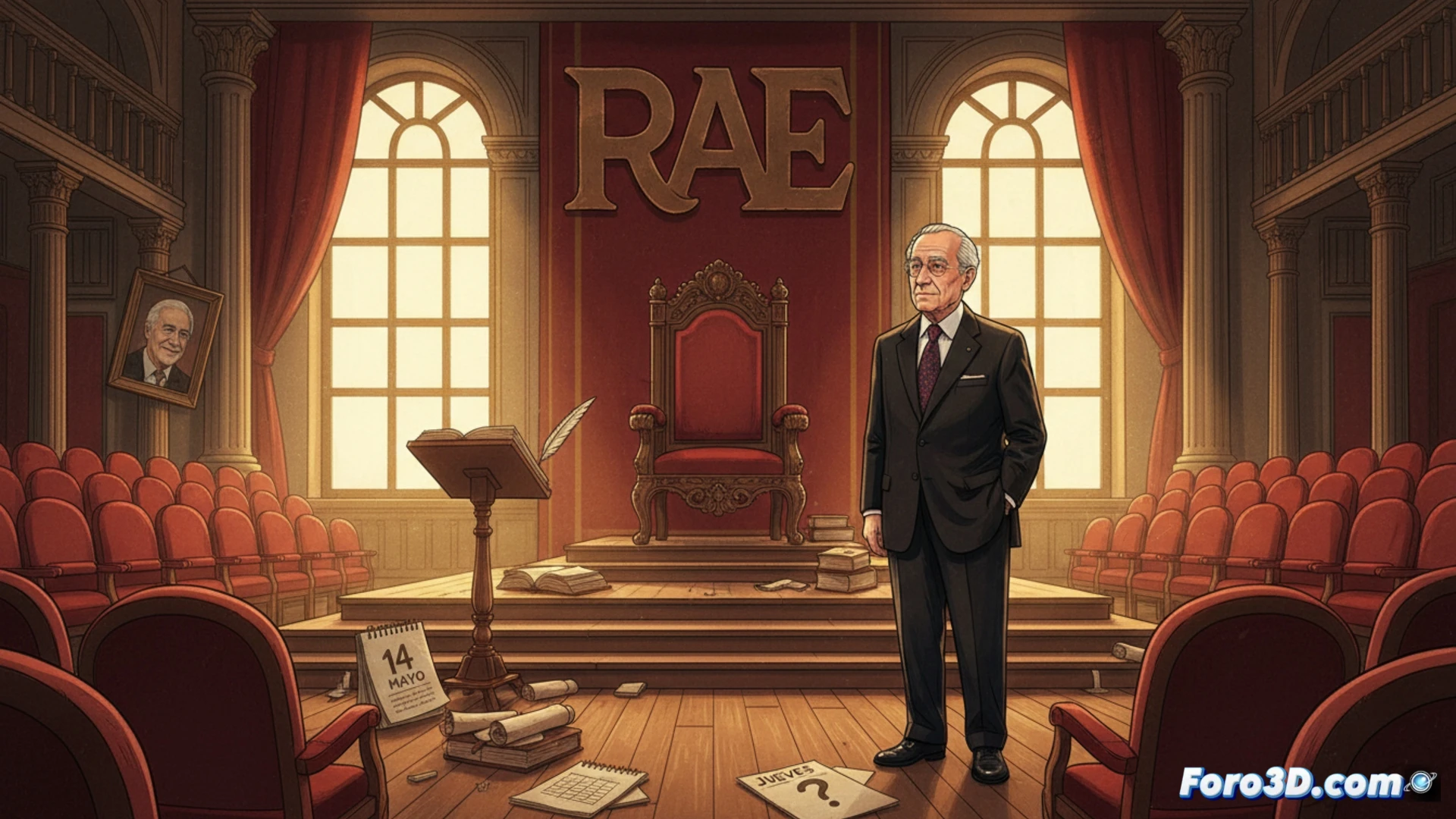 photorealistic cinematic scene of a wooden lectern with a glowing laptop showing a digital document, a silver fountain pen resting on an open leather-bound book, a marble bust of Mario Vargas Llosa in soft shadow, empty red velvet chairs arranged in a semicircle, warm golden light streaming through tall arched windows, dust particles floating in the air, polished wooden floor reflecting light, solemn academic atmosphere, ultra-detailed textures, dramatic chiaroscuro lighting, architectural symmetry, high-end editorial photography style, technical illustration with precise depth of field