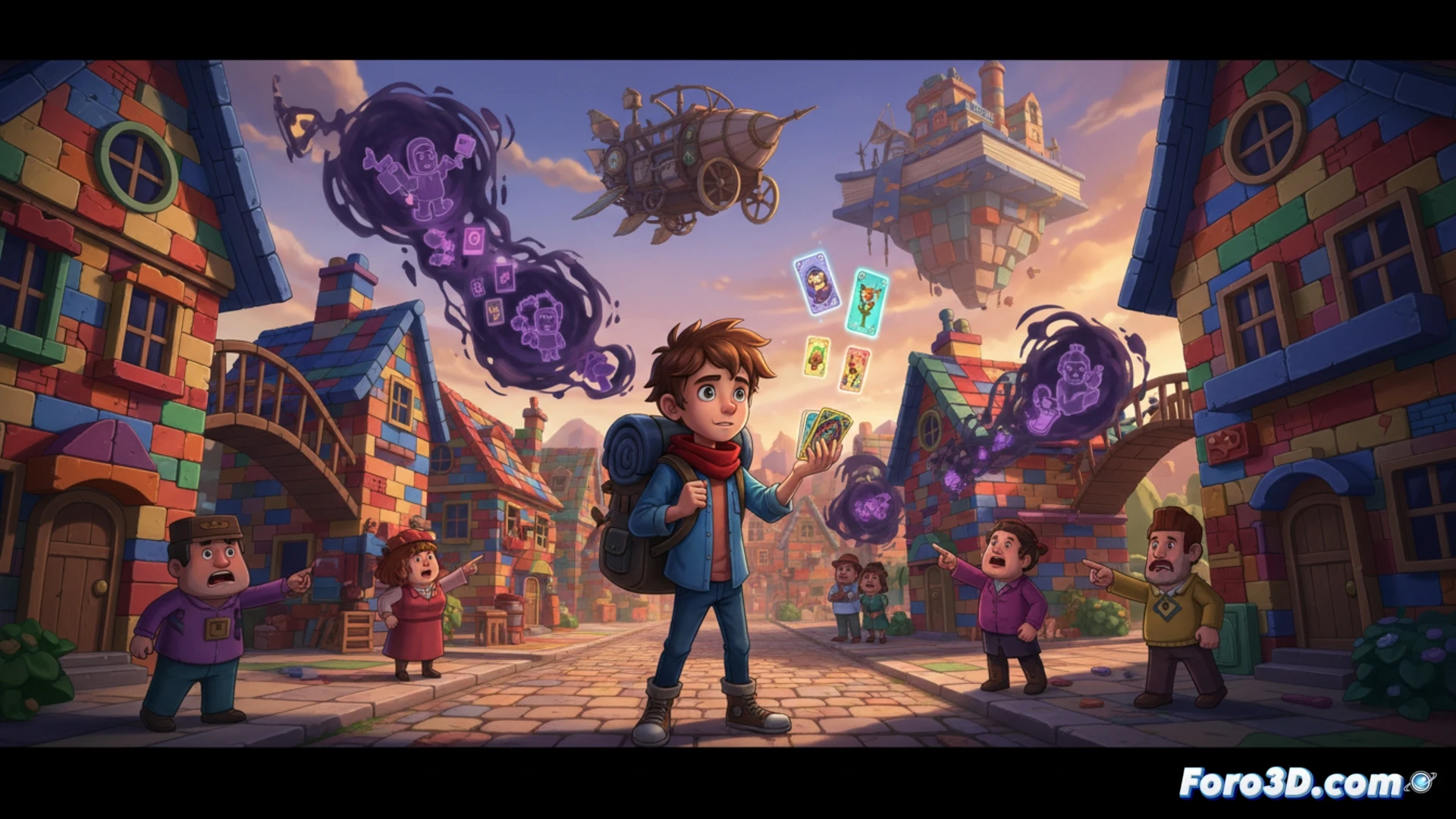 Un colorido mundo caricaturesco de bloques, con Milo explorando Bricktown bajo un cielo brillante, mientras cartas de mazo roguelike flotan en primer plano.