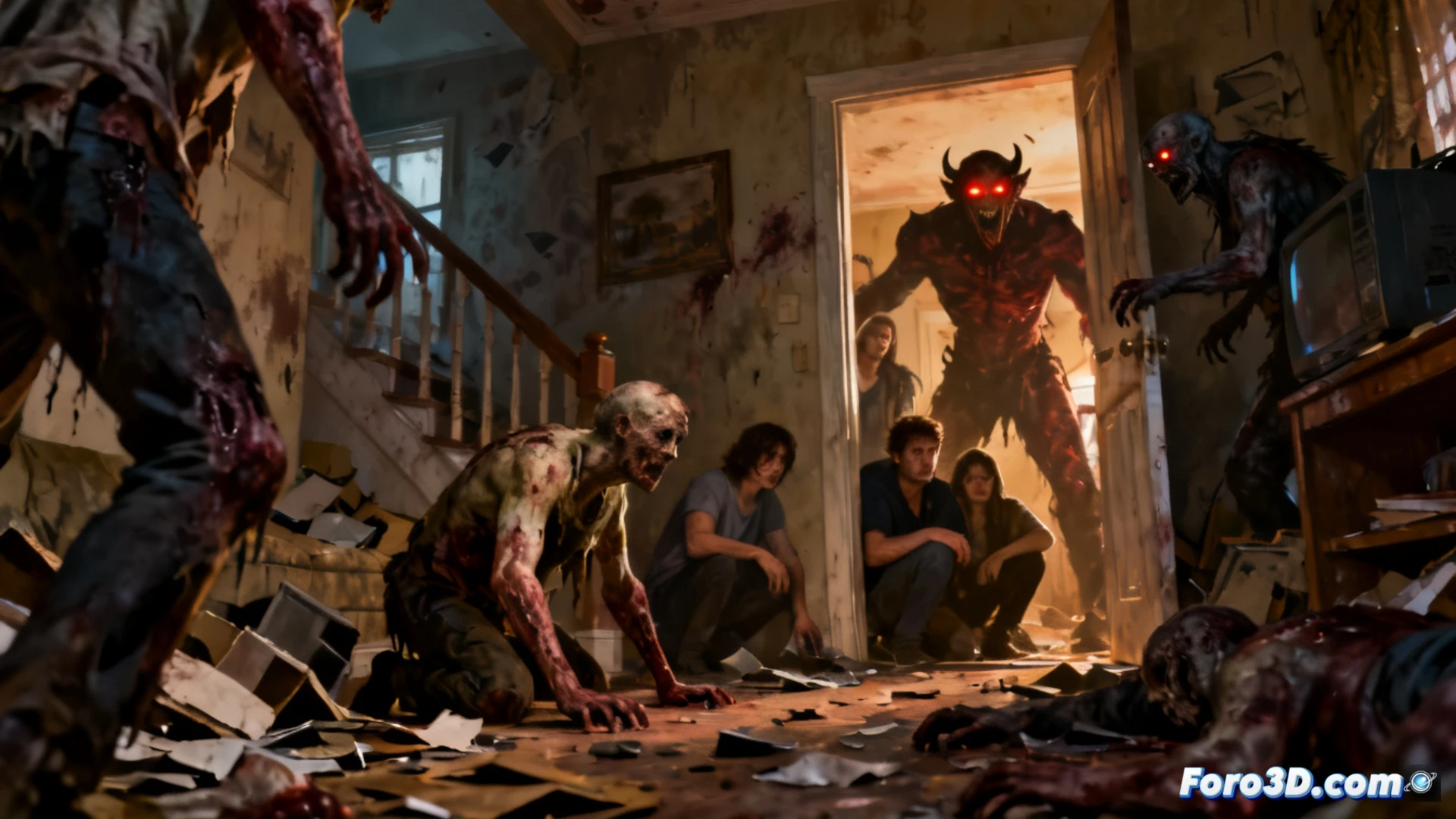 Tres escenas coreanas: alumnos huyendo de zombis, monstruos en un edificio y un demonio entre sombras.