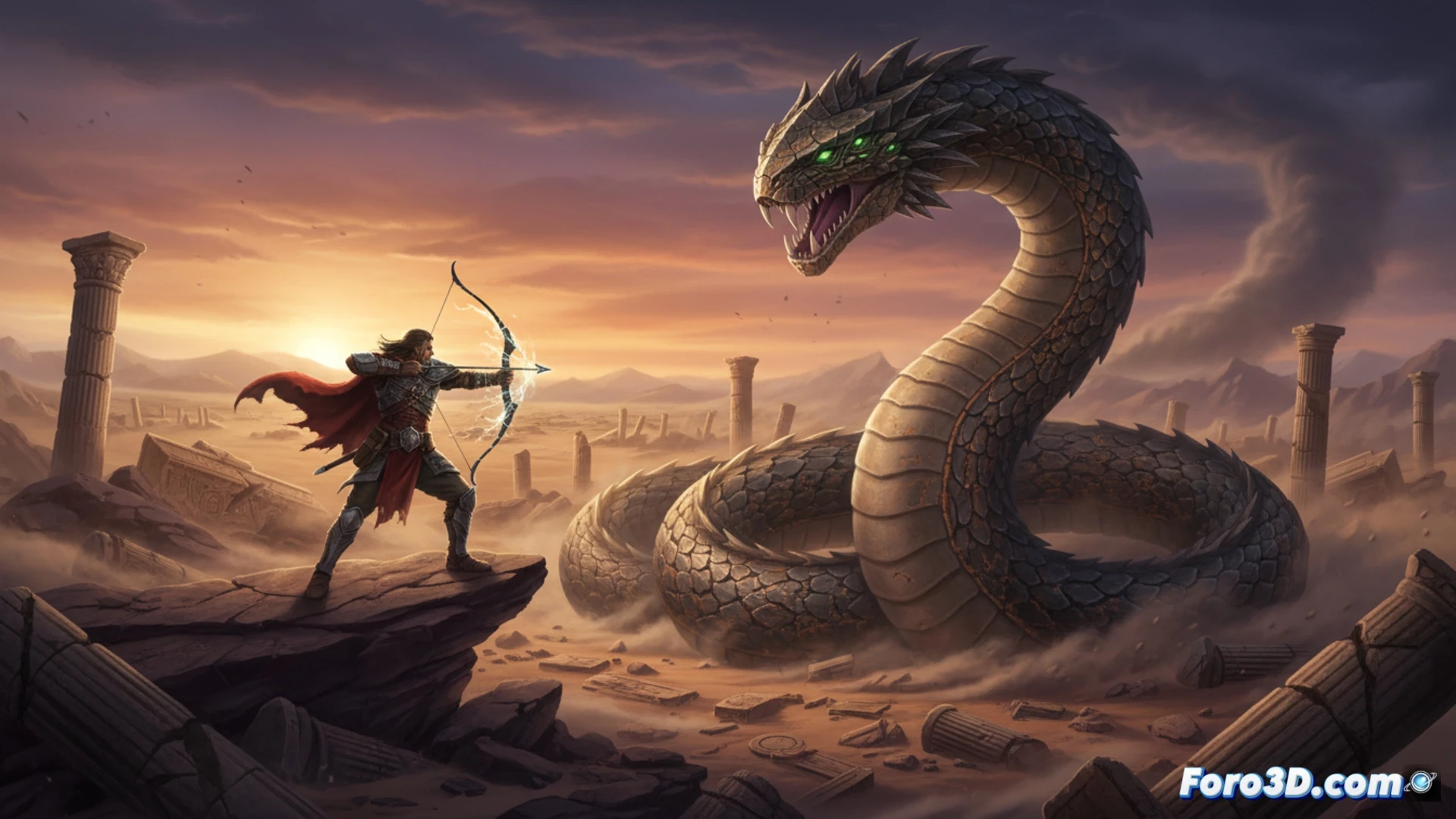 Descripción (80-120 caracteres): Cuatro guerreros en un desierto antiguo enfrentan a una serpiente gigante, combinando combate táctico y builds roguelike bajo un cielo tormentoso.