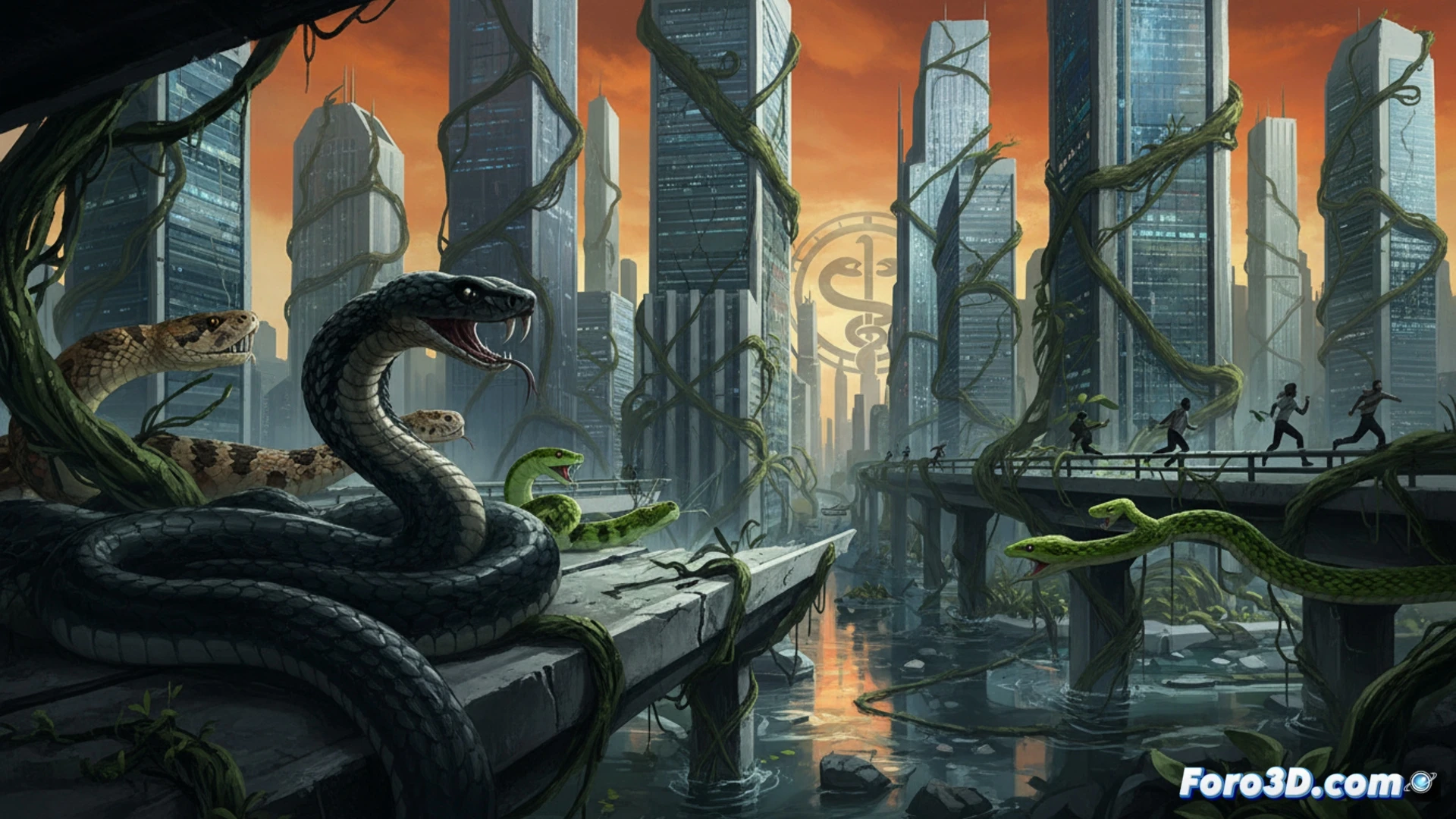 photorealistic wide-angle scene showing black mambas and kraits slithering through an urban construction site at dawn, concrete foundations and steel beams partially built, snakes moving across exposed rebar and broken asphalt, a construction worker's boot stepping near a hidden snake, warning signs with skull symbols on metal fences, heat haze rising from sun-baked ground, cracked pavement showing urban expansion into wild terrain, dramatic low sunlight casting long shadows, ultra-detailed scales and textured concrete, cinematic environmental warning visualization, realistic wildlife behavior, tense atmosphere with action of snakes migrating into human infrastructure