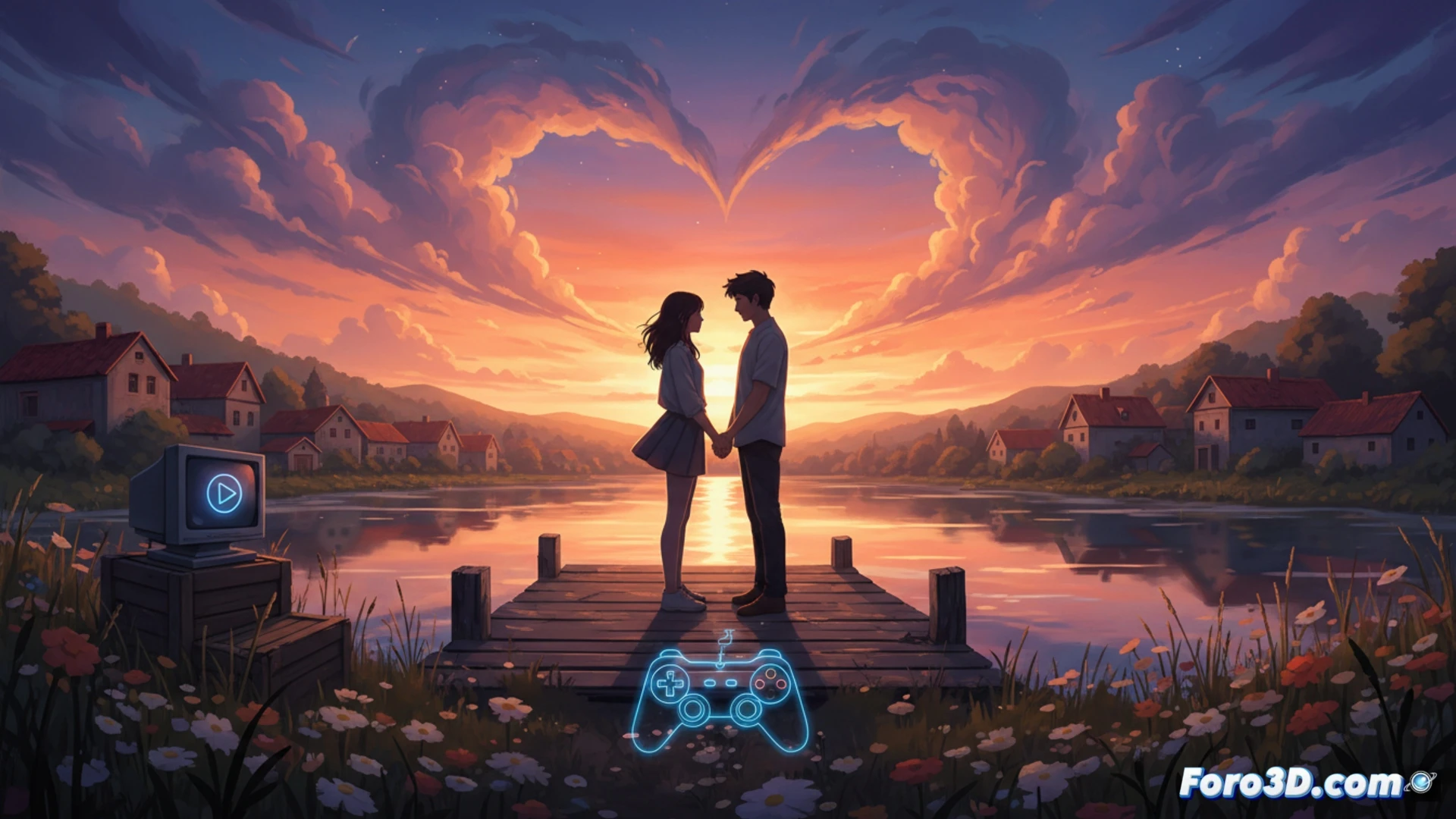 Dos jóvenes abrazados en un pueblo tranquilo, con luz cálida y atardecer, evocando nostalgia y amor sin costo en Steam.