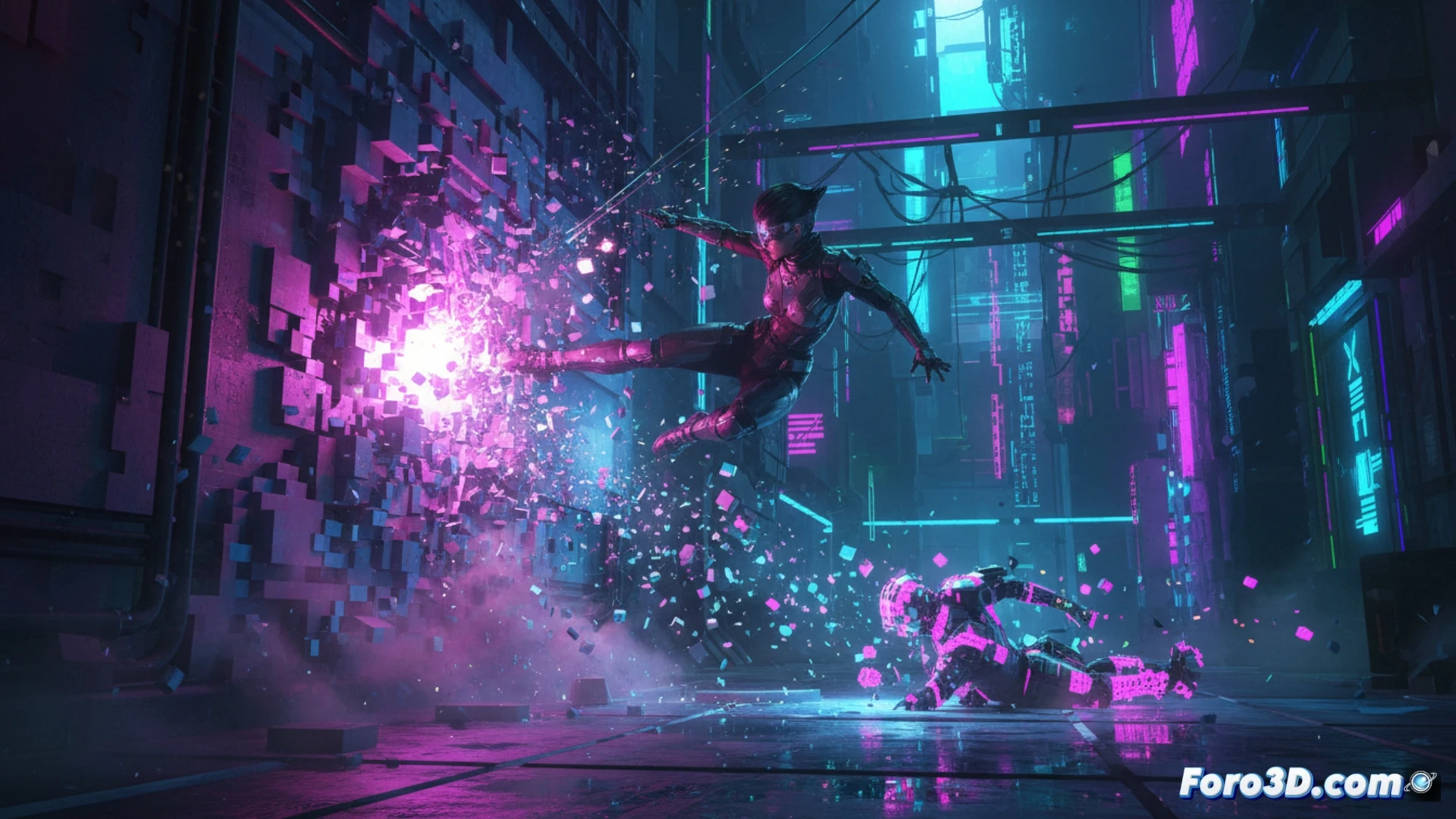 Severed Steel con voxels neón destruyéndose en Unreal Engine 4, estilo ciberpunk minimalista