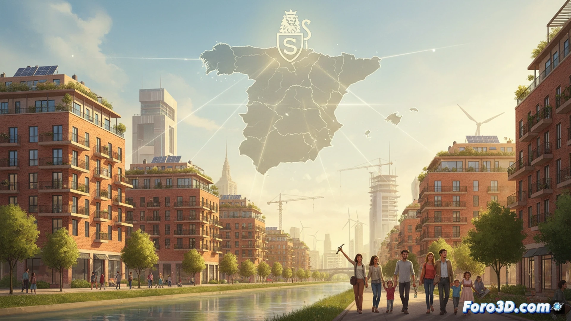 Sevilla skyline at sunset, construction cranes actively lifting prefabricated eco-friendly wall panels onto a six-story protected housing block, workers installing solar photovoltaic arrays on the roof, a young family reviewing blueprints with an architect at ground level while electric scaffolding lifts materials, photorealistic technical illustration, warm golden hour light casting long shadows, exposed cross-laminated timber structure visible, efficiency metrics subtly implied by building orientation, ultra-detailed urban construction scene