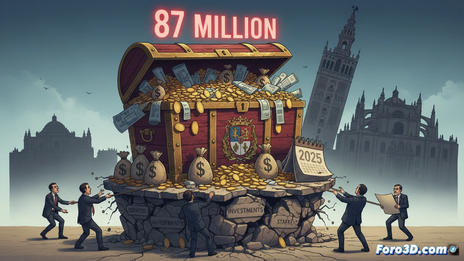 Ayuntamiento de Sevilla con déficit de 87 millones, papeles financieros en desorden y alarmas rojas sobre presupuesto 2025.