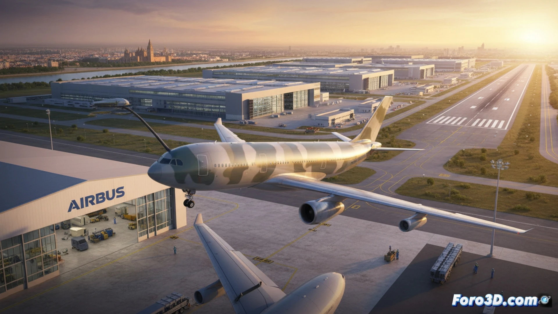 airbus a330 mrtt military tanker conversion process in seville factory hangar, two mechanics installing refueling boom system under fuselage, wing fuel tanks being assembled with robotic arms, large cargo floor reinforcement visible, blue engineering lighting on metallic surfaces, holographic technical schematics projected above workstation, industrial crane lifting fuel transfer equipment, photorealistic cinematic visualization, ultra-detailed aerospace components, dramatic shadows from hangar windows, precision tools arranged on workbench, airbus engineers monitoring digital tablets, high-tech manufacturing environment, sharp focus on mechanical joints and hydraulic lines